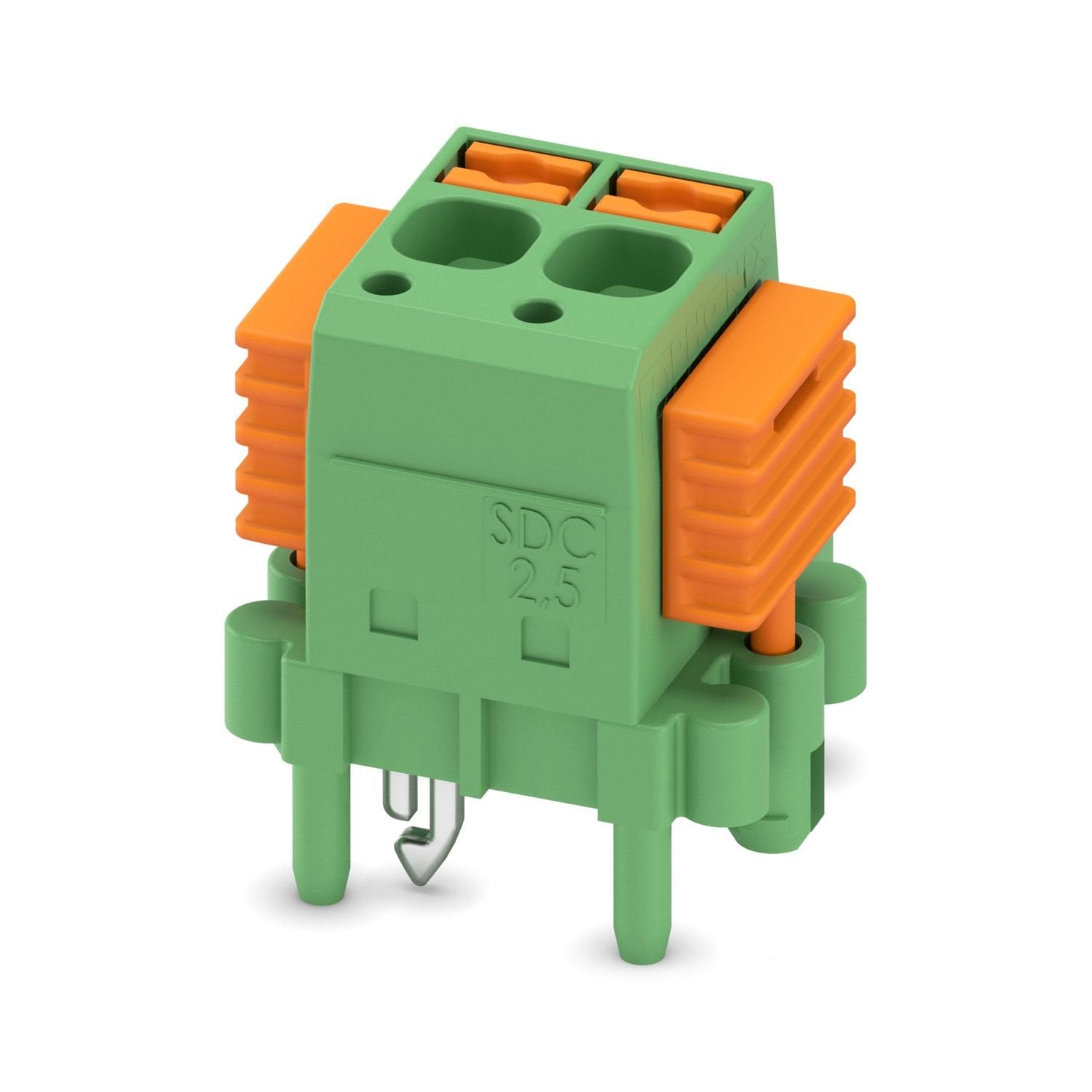 PCB direct plug, nominal cross section: 2.5 mm 2 , color: green, nominal current: 12 A, rated voltage (III/2): 320 V, contact surface: Sn, number of potentials: 2, number of rows: 1, number of positions: 2, number of connections: 2, product range: SDC 2,5/..-PV, pitch: 5 mm, connection method: Push-in spring connection, mounting: SKEDD - Direct plug-in technology, conductor/PCB connection direction: 90 °, pin layout: Zigzag pinning W, solder pin [P]: 5 mm, plug-in system: SKEDD, locking: Snap-in locking, mo
