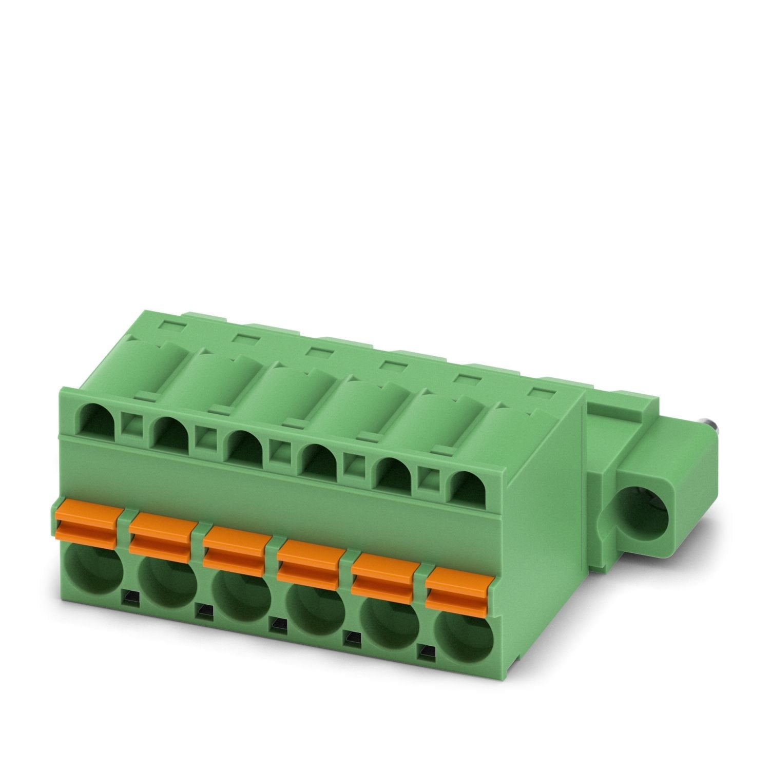 PCB connector, nominal cross section: 2.5 mm 2 , color: green, nominal current: 12 A, rated voltage (III/2): 320 V, contact surface: Sn, contact connection type: Pin, number of potentials: 6, number of rows: 1, number of positions: 6, number of connections: 6, product range: FKIC 2,5/..-STF, pitch: 5 mm, connection method: Push-in spring connection, conductor/PCB connection direction: 0 °, locking clip: - without locking clip, plug-in system: COMBICON MSTB 2,5, locking: Screw locking mechanism, mounting met