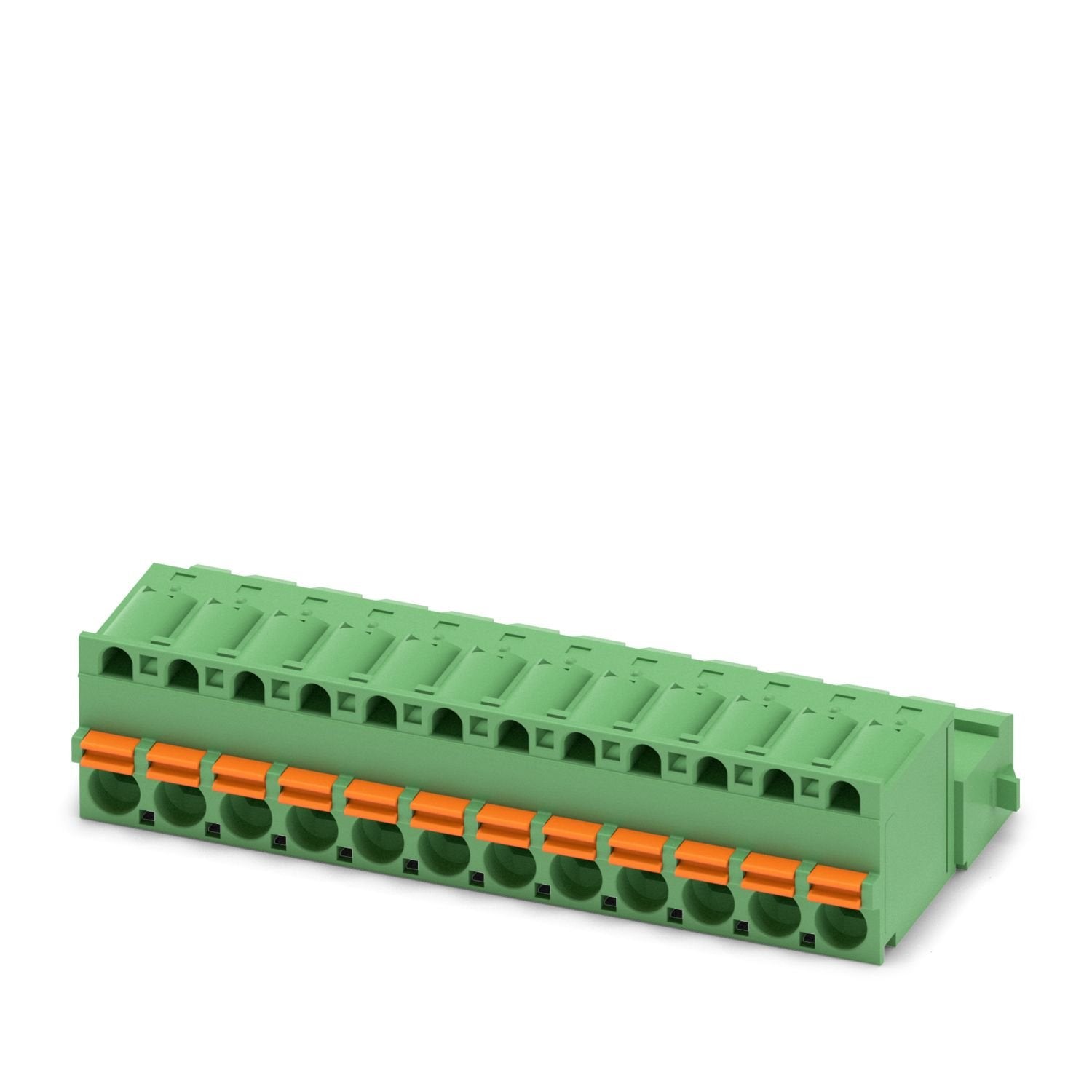 PCB connector, nominal cross section: 2.5 mm 2 , color: green, nominal current: 12 A, rated voltage (III/2): 320 V, contact surface: Sn, contact connection type: Pin, number of potentials: 12, number of rows: 1, number of positions: 12, number of connections: 12, product range: FKIC 2,5/..-ST-RN, pitch: 5.08 mm, connection method: Push-in spring connection, conductor/PCB connection direction: 0 °, locking clip: - without locking clip, plug-in system: COMBICON MSTB 2,5, locking: Snap-in locking, mounting met