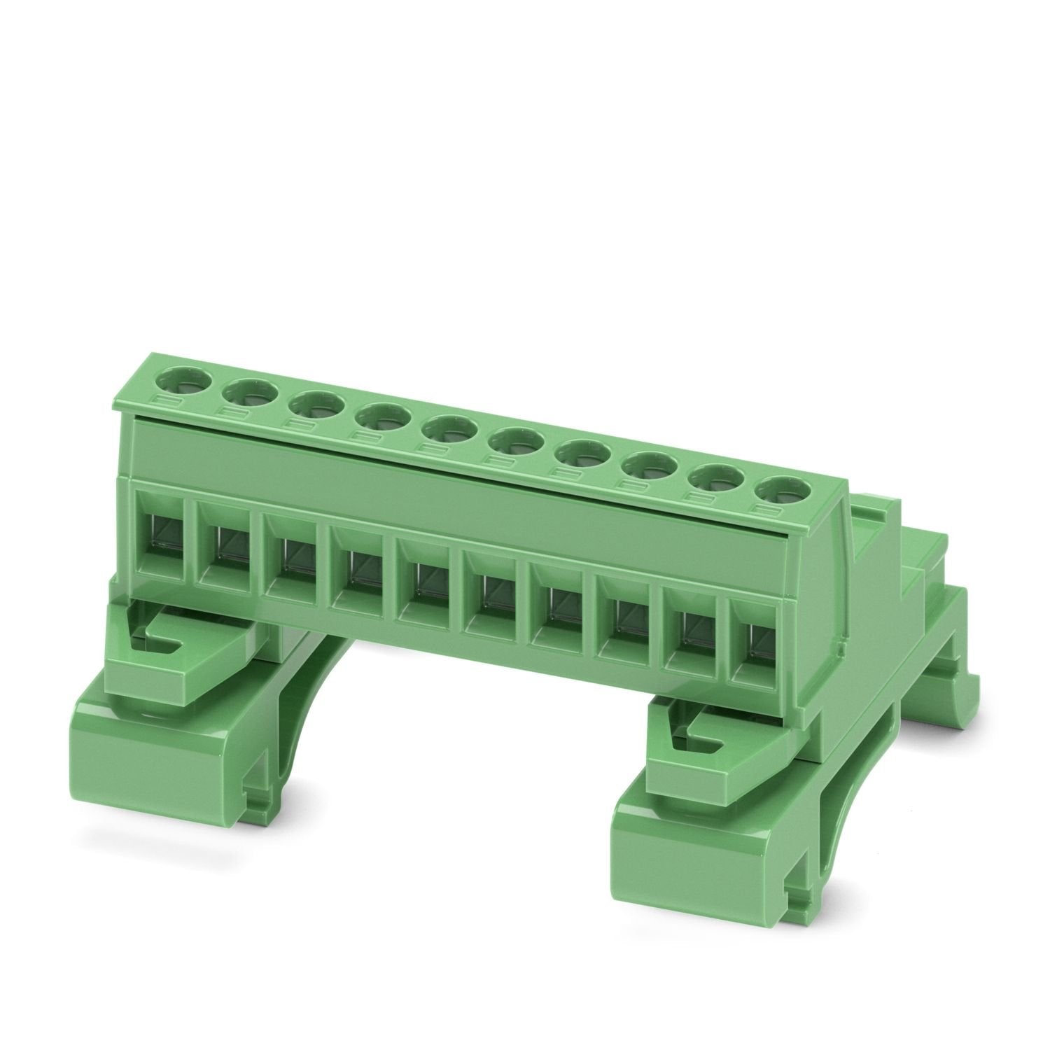 DIN rail connector, nominal cross section: 2.5 mm 2 , color: green, nominal current: 12 A, rated voltage (III/2): 320 V, contact surface: Sn, contact connection type: Pin, number of potentials: 10, number of rows: 1, number of positions: 10, number of connections: 10, product range: UMSTBHK 2,5/..-G, pitch: 5 mm, connection method: Screw connection with tension sleeve, screw head form: L Slotted, conductor/PCB connection direction: 0 °, number of solder pins per potential: 1, plug-in system: COMBICON MSTB 2