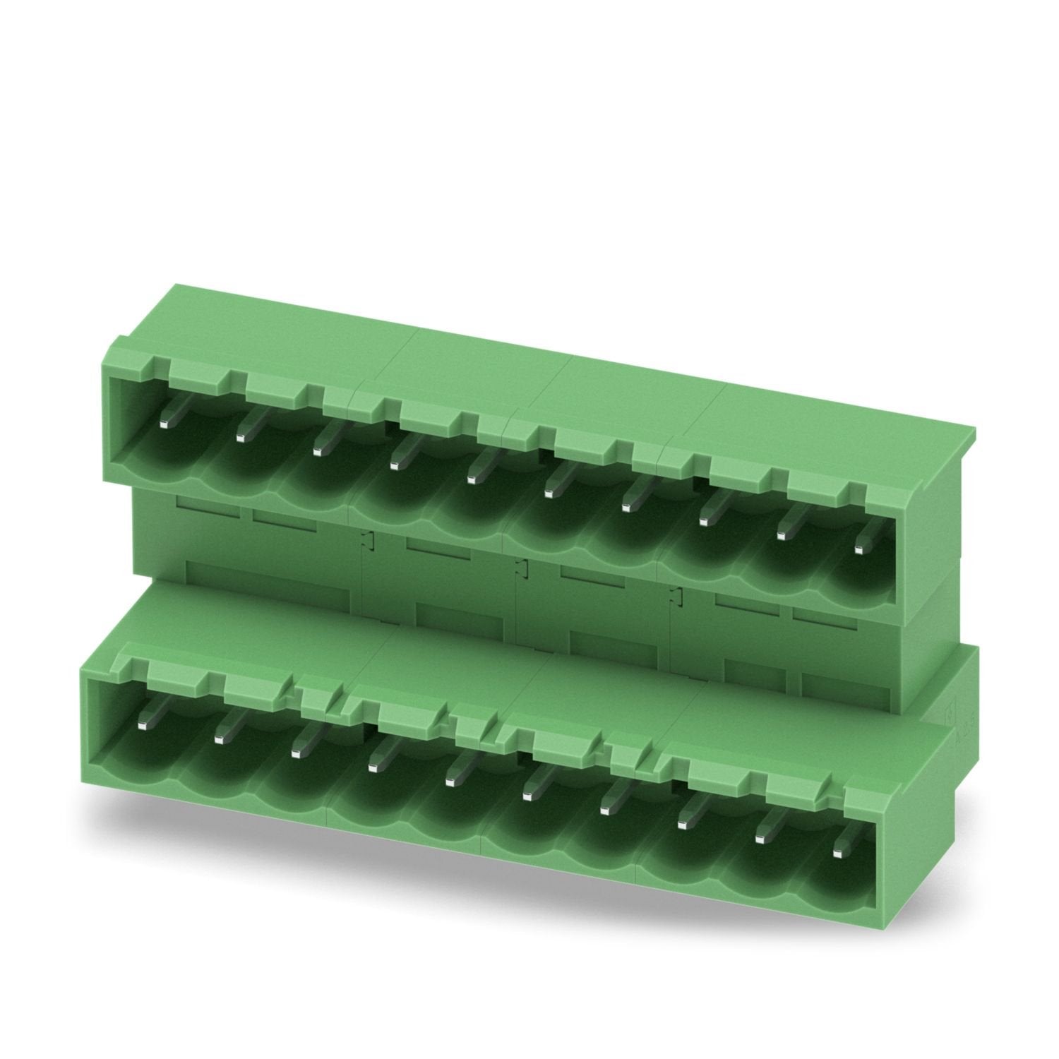 PCB headers, nominal cross section: 2.5 mm 2 , color: green, nominal current: 10 A, rated voltage (III/2): 320 V, contact surface: Sn, contact connection type: Pin, number of potentials: 20, number of rows: 2, number of positions: 10, number of connections: 20, product range: MDSTBA 2,5/..-G, pitch: 5 mm, mounting: Wave soldering, pin layout: Linear pinning, solder pin [P]: 3.23 mm, number of solder pins per potential: 1, plug-in system: COMBICON MSTB 2,5, Pin connector pattern alignment: Standard, locking: