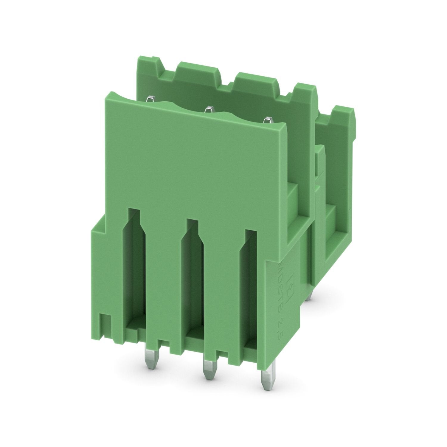 PCB headers, nominal cross section: 2.5 mm 2 , color: green, nominal current: 10 A, rated voltage (III/2): 320 V, contact surface: Sn, contact connection type: Pin, number of potentials: 6, number of rows: 2, number of positions: 3, number of connections: 6, product range: MDSTBV 2,5/..-G, pitch: 5 mm, mounting: Wave soldering, pin layout: Linear pinning, solder pin [P]: 3.9 mm, number of solder pins per potential: 1, plug-in system: COMBICON MSTB 2,5, Pin connector pattern alignment: Standard, locking: wit