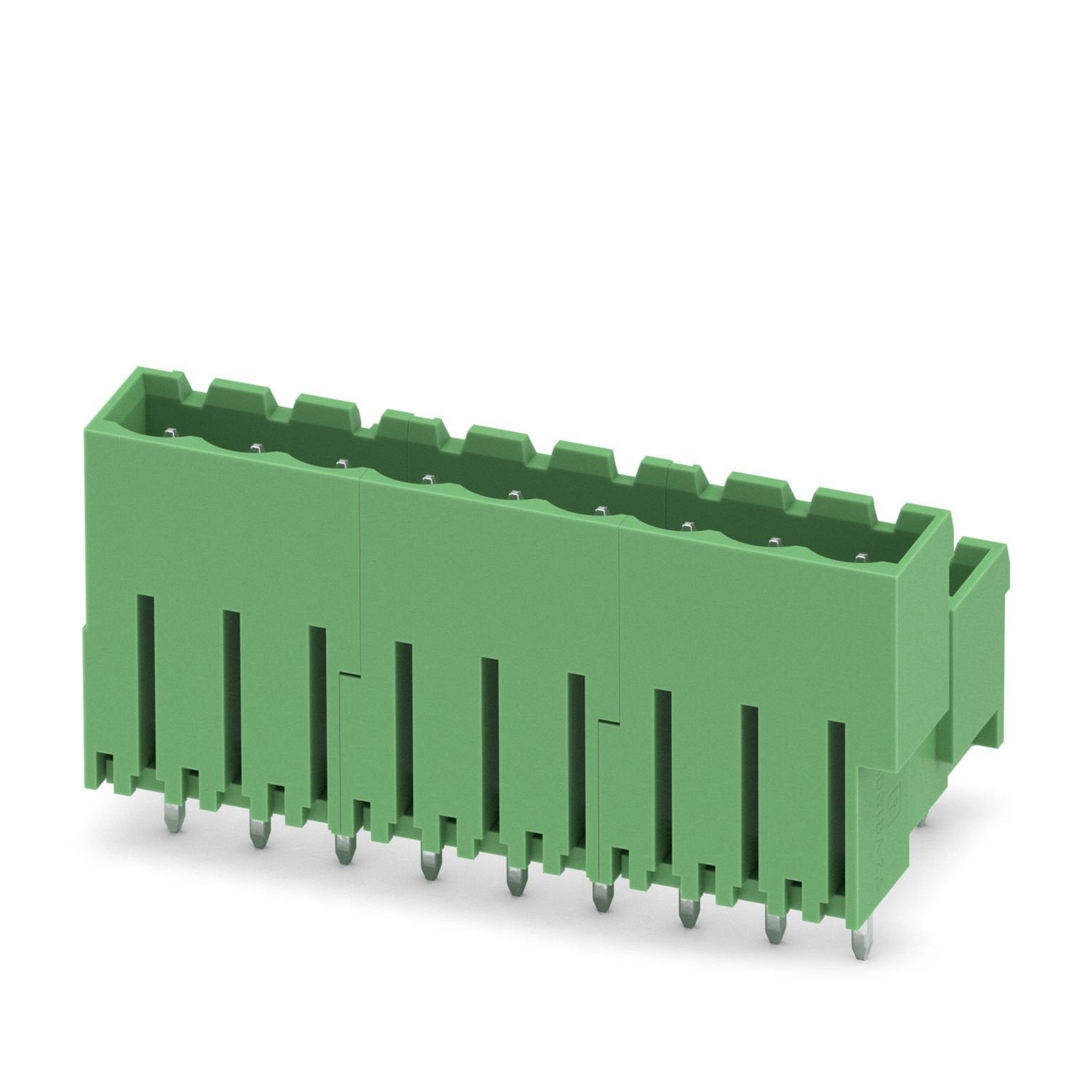 PCB headers, nominal cross section: 2.5 mm 2 , color: green, nominal current: 10 A, rated voltage (III/2): 320 V, contact surface: Sn, contact connection type: Pin, number of potentials: 18, number of rows: 2, number of positions: 9, number of connections: 18, product range: MDSTBVA 2,5/..-G, pitch: 5 mm, mounting: Wave soldering, pin layout: Linear pinning, solder pin [P]: 3.9 mm, number of solder pins per potential: 1, plug-in system: COMBICON MSTB 2,5, Pin connector pattern alignment: Standard, locking: 