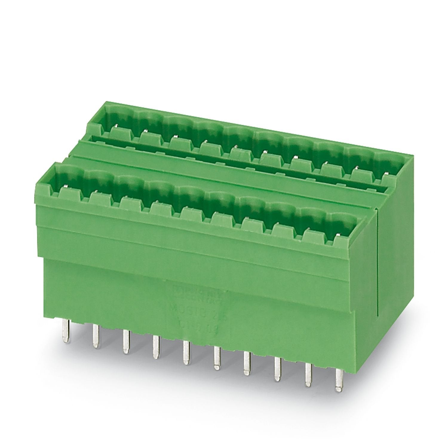 PCB headers, nominal cross section: 2.5 mm 2 , color: green, nominal current: 10 A, rated voltage (III/2): 320 V, contact surface: Sn, contact connection type: Pin, number of potentials: 32, number of rows: 2, number of positions: 16, number of connections: 32, product range: MDSTBV 2,5/..-G1, pitch: 5 mm, mounting: Wave soldering, pin layout: Linear pinning, solder pin [P]: 3.9 mm, number of solder pins per potential: 1, plug-in system: COMBICON MSTB 2,5, Pin connector pattern alignment: Standard, locking: