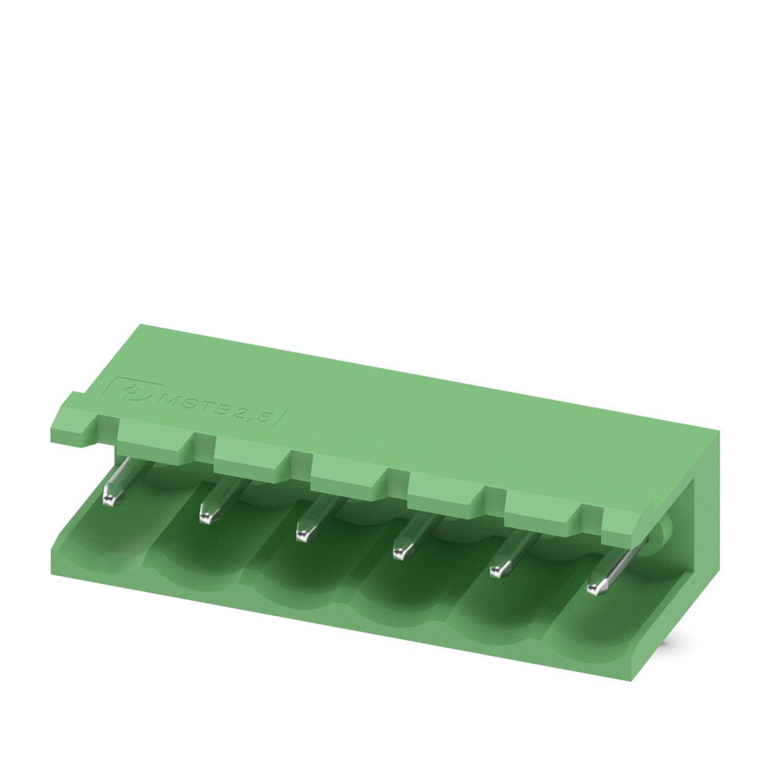 PCB headers, nominal cross section: 2.5 mm 2 , color: green, nominal current: 12 A, rated voltage (III/2): 320 V, contact surface: Sn, contact connection type: Pin, number of potentials: 6, number of rows: 1, number of positions: 6, number of connections: 6, product range: MSTB 2,5/..-G, pitch: 5 mm, mounting: Wave soldering, pin layout: Linear pinning, solder pin [P]: 3.23 mm, number of solder pins per potential: 1, plug-in system: COMBICON MSTB 2,5, Pin connector pattern alignment: Standard, locking: with