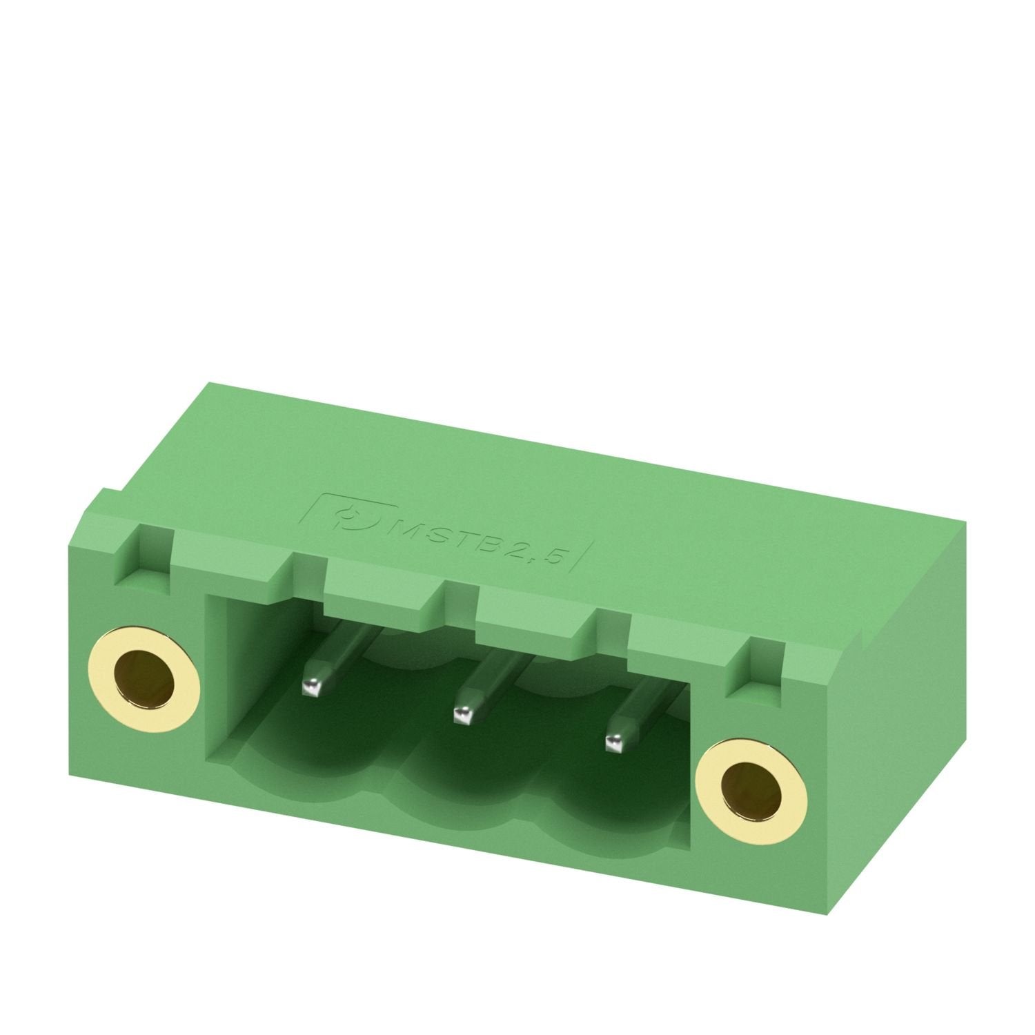 PCB headers, nominal cross section: 2.5 mm 2 , color: green, nominal current: 12 A, rated voltage (III/2): 320 V, contact surface: Sn, contact connection type: Pin, number of potentials: 3, number of rows: 1, number of positions: 3, number of connections: 3, product range: MSTB 2,5/..-GF, pitch: 5 mm, mounting: Wave soldering, pin layout: Linear pinning, solder pin [P]: 3.23 mm, number of solder pins per potential: 1, plug-in system: COMBICON MSTB 2,5, Pin connector pattern alignment: Standard, locking: Scr