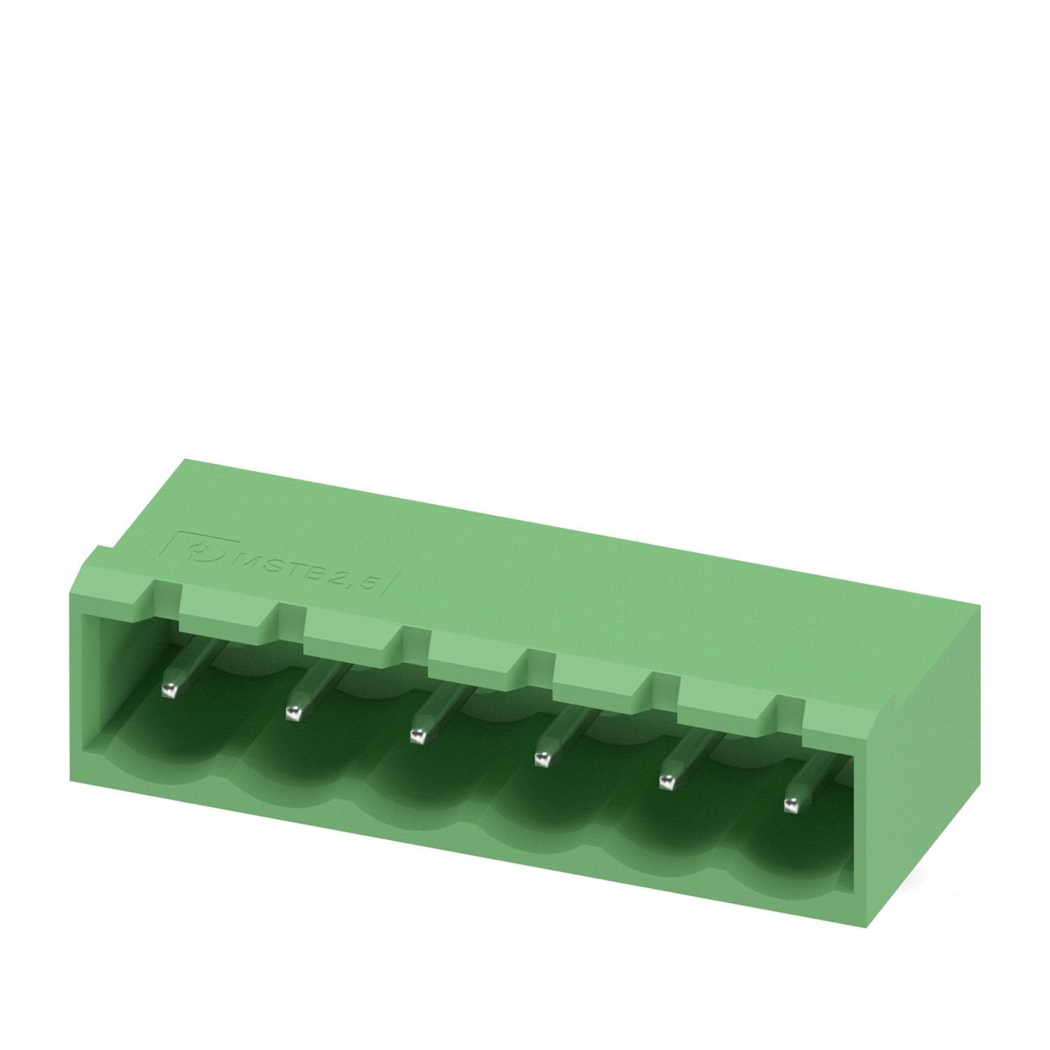 PCB headers, nominal cross section: 2.5 mm 2 , color: green, nominal current: 12 A, rated voltage (III/2): 320 V, contact surface: Sn, contact connection type: Pin, number of potentials: 6, number of rows: 1, number of positions: 6, number of connections: 6, product range: MSTBA 2,5/..-G, pitch: 5 mm, mounting: Wave soldering, pin layout: Linear pinning, solder pin [P]: 3.23 mm, number of solder pins per potential: 1, plug-in system: COMBICON MSTB 2,5, Pin connector pattern alignment: Standard, locking: wit