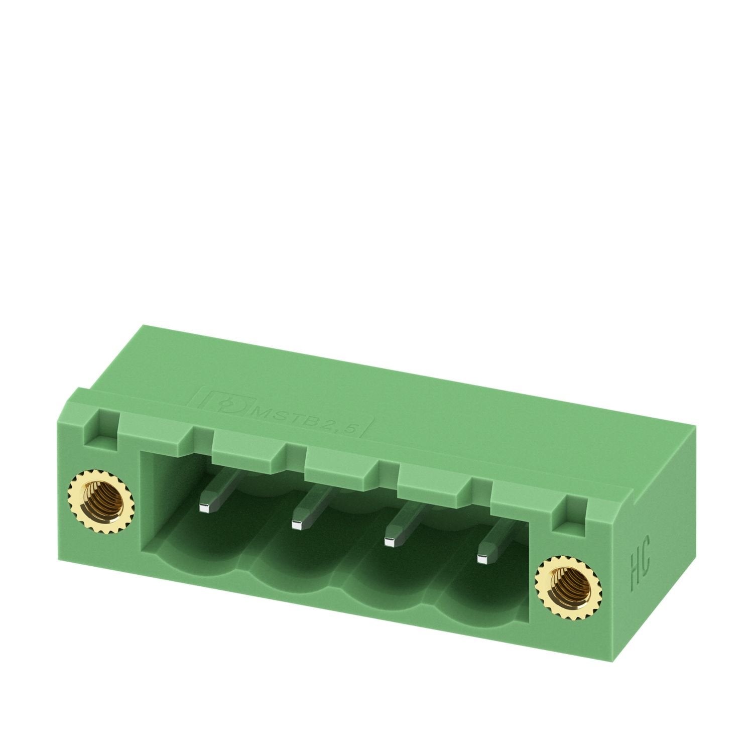 PCB headers, nominal cross section: 2.5 mm 2 , color: green, nominal current: 16 A (see derating curve), rated voltage (III/2): 320 V, contact surface: Sn, contact connection type: Pin, number of potentials: 4, number of rows: 1, number of positions: 4, number of connections: 4, product range: MSTB 2,5 HC/..-GF, pitch: 5.08 mm, mounting: Wave soldering, pin layout: Linear pinning, solder pin [P]: 3.23 mm, number of solder pins per potential: 1, plug-in system: COMBICON MSTB 2,5 HC, Pin connector pattern ali
