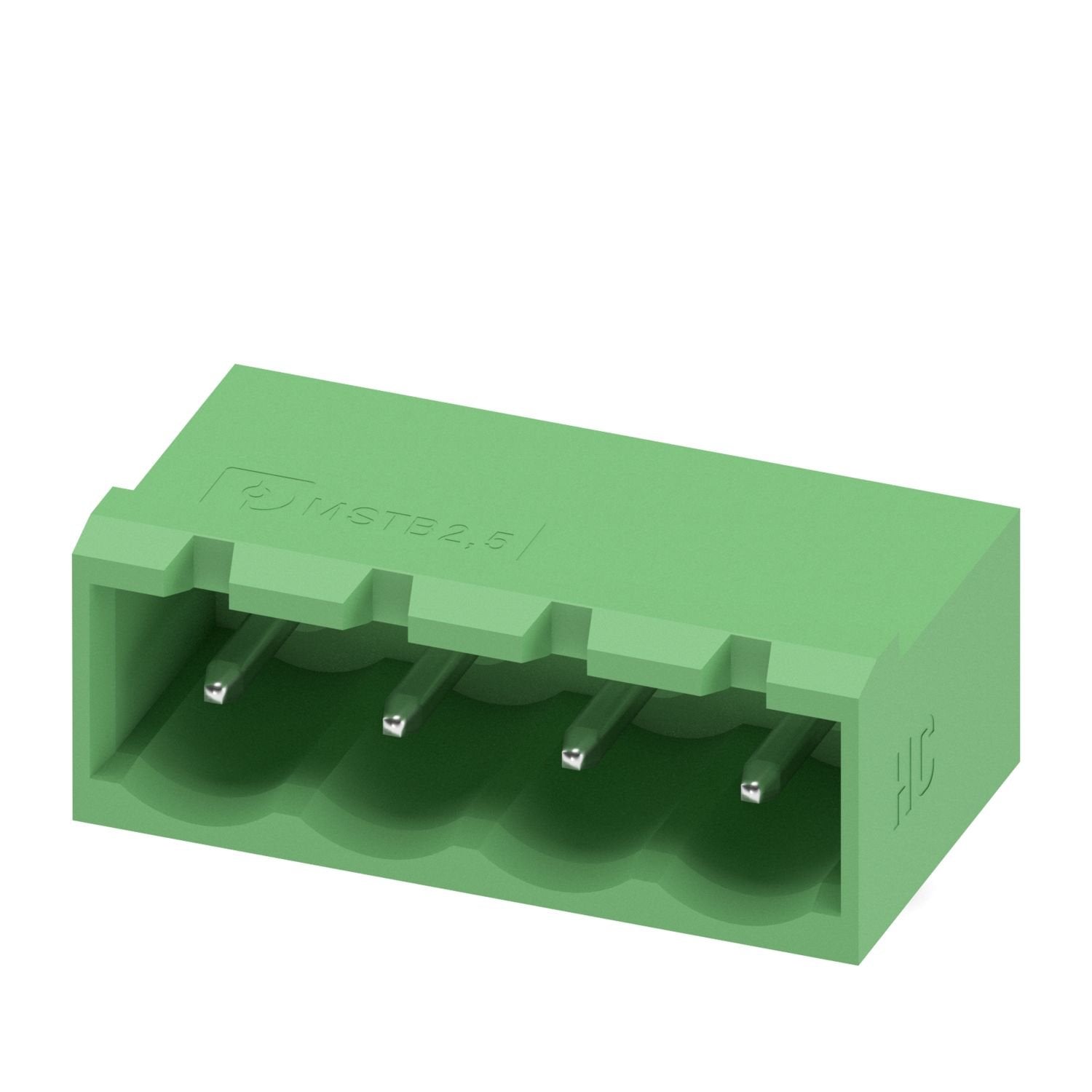 PCB headers, nominal cross section: 2.5 mm 2 , color: green, nominal current: 16 A (see derating curve), rated voltage (III/2): 320 V, contact surface: Sn, contact connection type: Pin, number of potentials: 4, number of rows: 1, number of positions: 4, number of connections: 4, product range: MSTBA 2,5 HC/..-G, pitch: 5.08 mm, mounting: Wave soldering, pin layout: Linear pinning, solder pin [P]: 3.23 mm, number of solder pins per potential: 1, plug-in system: COMBICON MSTB 2,5 HC, Pin connector pattern ali