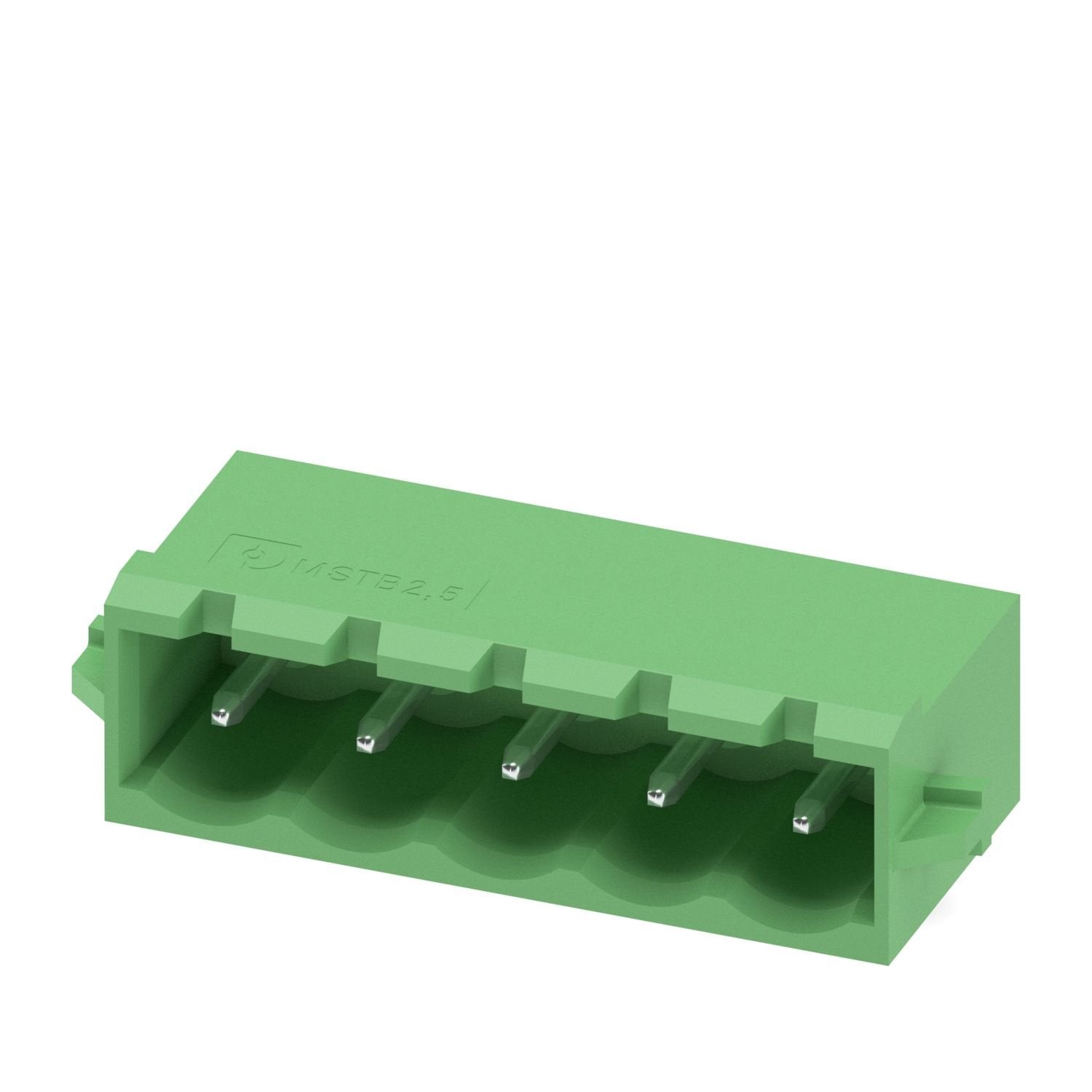 PCB headers, nominal cross section: 2.5 mm 2 , color: green, nominal current: 12 A, rated voltage (III/2): 320 V, contact surface: Sn, contact connection type: Pin, number of potentials: 5, number of rows: 1, number of positions: 5, number of connections: 5, product range: MSTBA 2,5/..-G-RN, pitch: 5.08 mm, mounting: Wave soldering, pin layout: Linear pinning, solder pin [P]: 3.23 mm, number of solder pins per potential: 1, plug-in system: COMBICON MSTB 2,5, Pin connector pattern alignment: Standard, lockin