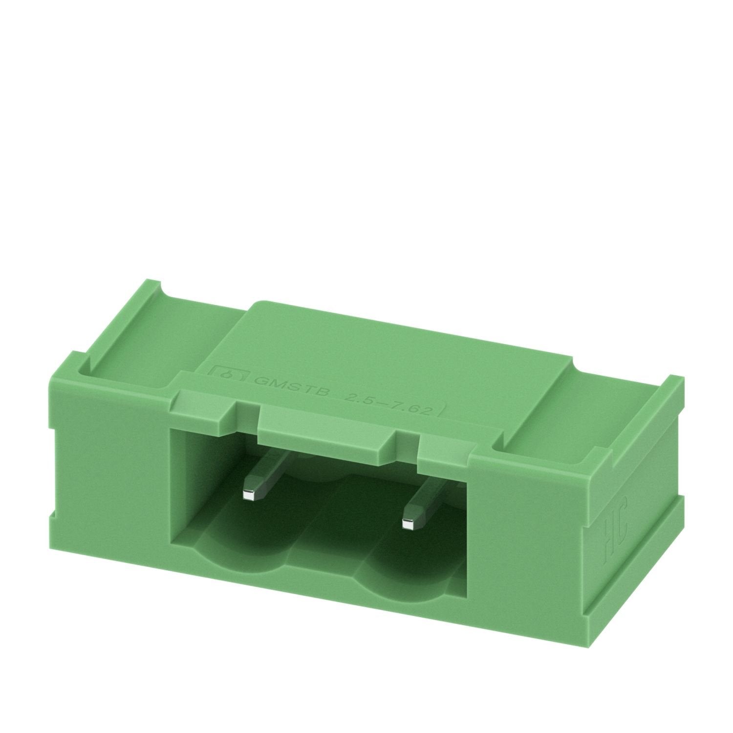 PCB headers, nominal cross section: 2.5 mm 2 , color: green, nominal current: 16 A, rated voltage (III/2): 630 V, contact surface: Sn, contact connection type: Pin, number of potentials: 2, number of rows: 1, number of positions: 2, number of connections: 2, product range: GMSTBA 2,5 HC/..-G-LR, pitch: 7.62 mm, mounting: Wave soldering, pin layout: Linear pinning, solder pin [P]: 3.23 mm, number of solder pins per potential: 1, plug-in system: COMBICON MSTB 2,5 HC, Pin connector pattern alignment: Standard,