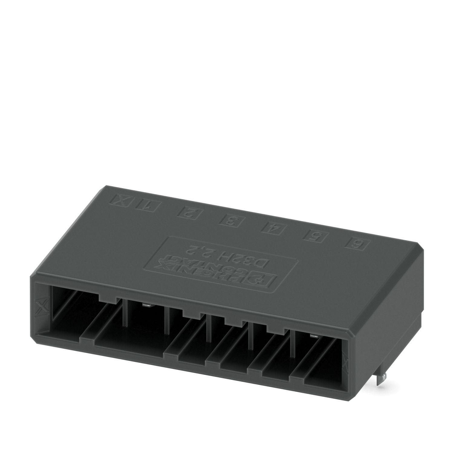 PCB headers, color: black, nominal current: 8 A, rated voltage (III/2): 320 V, contact surface: Sn, contact connection type: Pin, number of rows: 1, number of positions: 6, product range: D32H 2,2/..-H, pitch: 5.08 mm, mounting: Wave soldering, pin layout: Linear pinning, solder pin [P]: 3.8 mm, number of solder pins per potential: 1, plug-in system: CONNEXIS D, Pin connector pattern alignment: Standard, locking: Snap-in locking, mounting method: Engagement nose, type of packaging: packed in cardboard