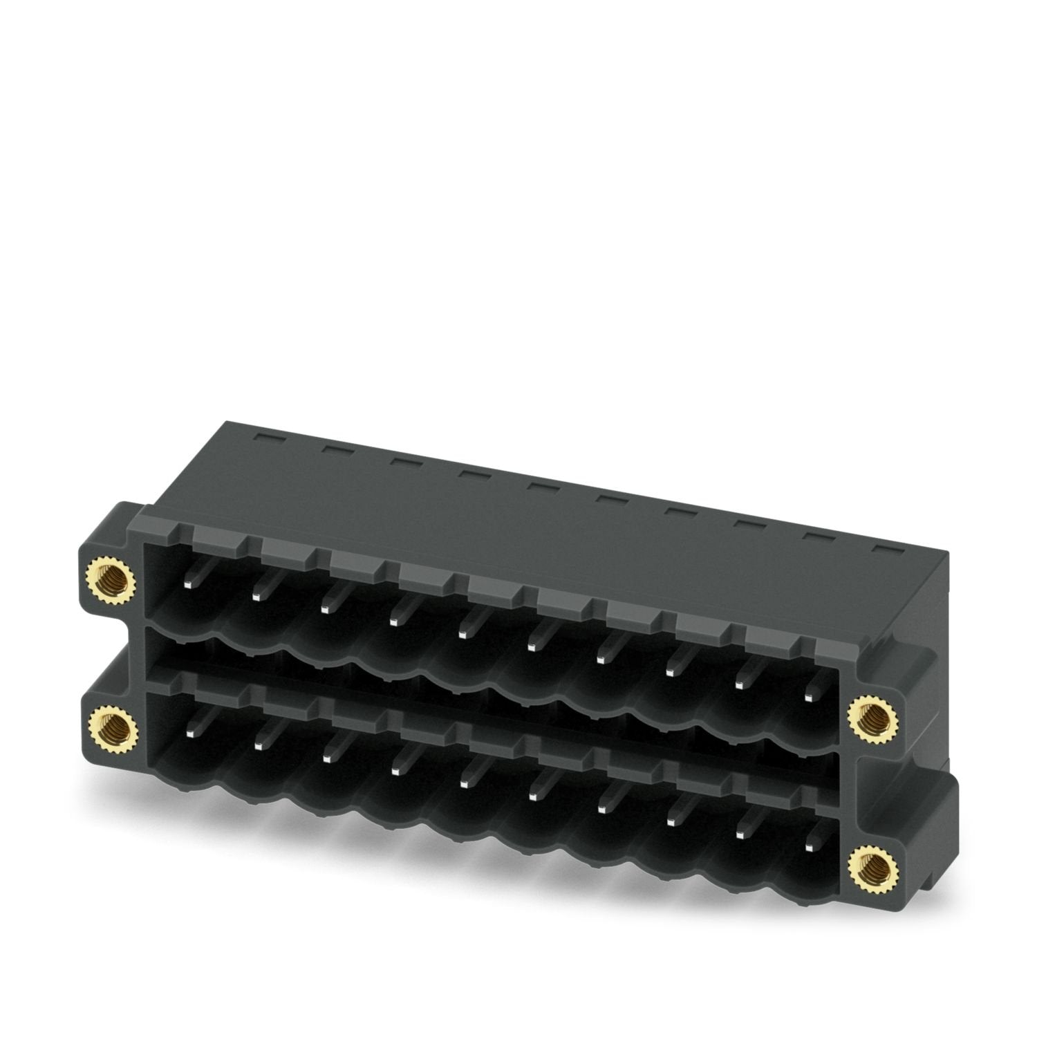 PCB headers, nominal cross section: 2.5 mm 2 , color: black, nominal current: 12 A, rated voltage (III/2): 320 V, contact surface: Sn, contact connection type: Pin, number of potentials: 20, number of rows: 2, number of positions: 10, number of connections: 20, product range: CCDN 2,5/..-G1F-THR, pitch: 5 mm, mounting: THR soldering / wave soldering, pin layout: Linear pinning, solder pin [P]: 2.6 mm, number of solder pins per potential: 1, plug-in system: COMBICON MSTB 2,5, Pin connector pattern alignment:
