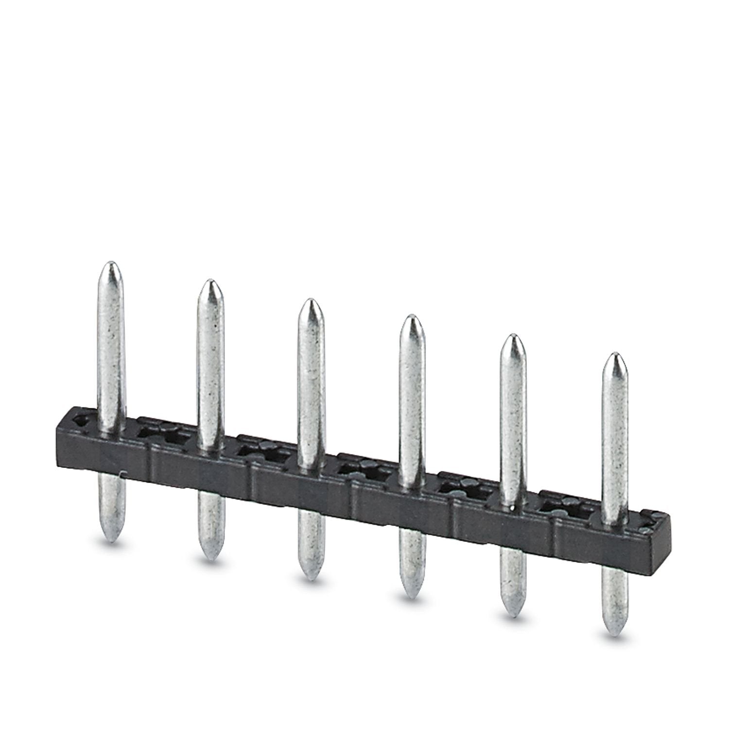 Pin strip, nominal cross section: 1.5 mm 2 , color: black, nominal current: 12 A (depends on the plug used), rated voltage (III/2): 320 V, contact surface: Sn, contact connection type: Pin, number of potentials: 6, number of rows: 1, number of positions: 6, number of connections: 6, product range: PST 1,3/..-V, pitch: 5 mm, mounting: THR soldering / wave soldering, pin layout: Linear pinning, solder pin [P]: 3.5 mm, plug-in system: COMBICON PST 1,3, locking: without, mounting method: without, type of packag