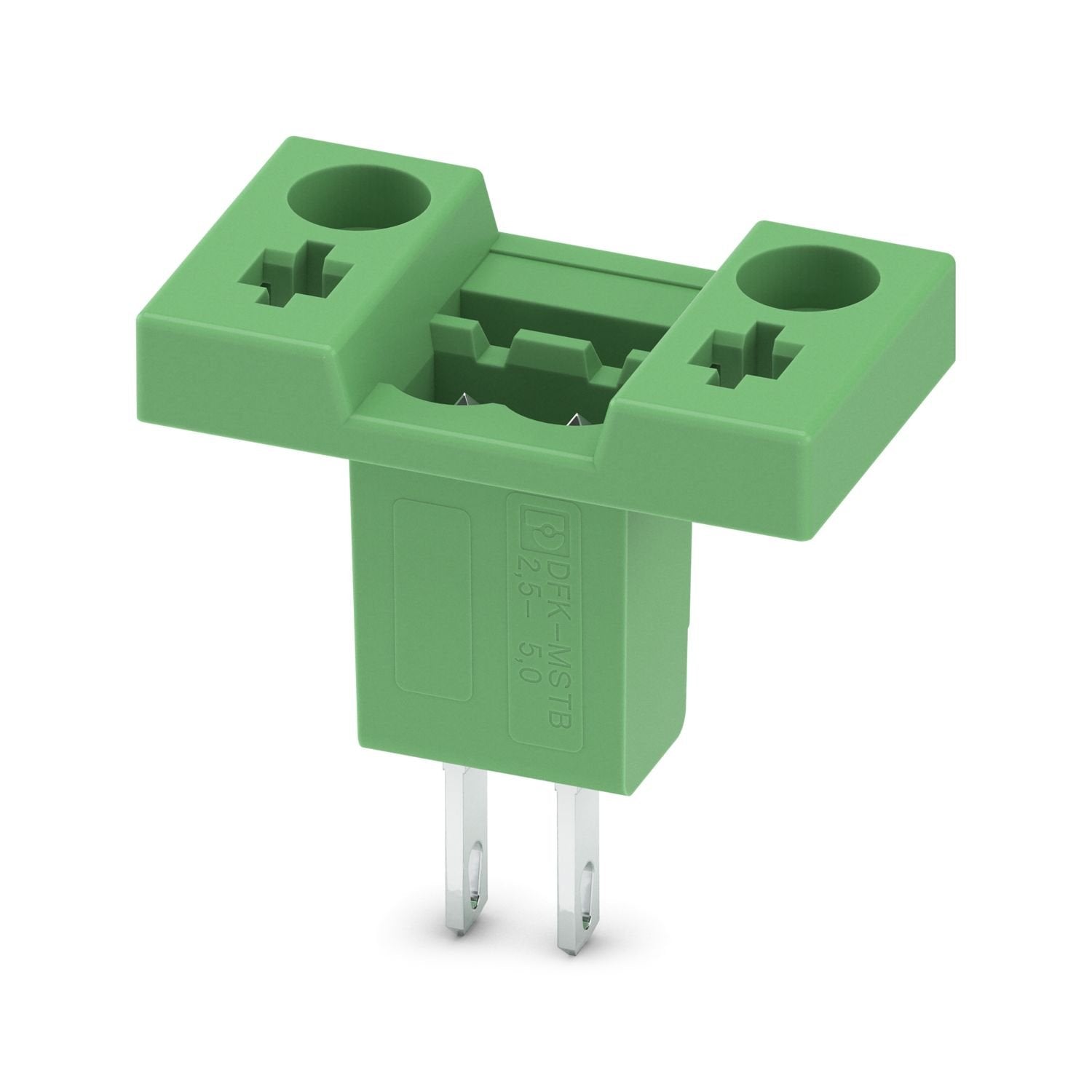 Feed-through header, nominal cross section: 2.5 mm 2 , color: green, nominal current: 12 A, rated voltage (III/2): 320 V, contact surface: Sn, contact connection type: Pin, number of potentials: 2, number of rows: 1, number of positions: 2, number of connections: 2, product range: DFK-MSTB 2,5/..-G, pitch: 5 mm, connection method: Solder/Slip-on connection, mounting: Direct mounting, pin layout: Linear pinning, solder pin [P]: 9.3 mm, number of solder pins per potential: 1, plug-in system: COMBICON MSTB 2,5