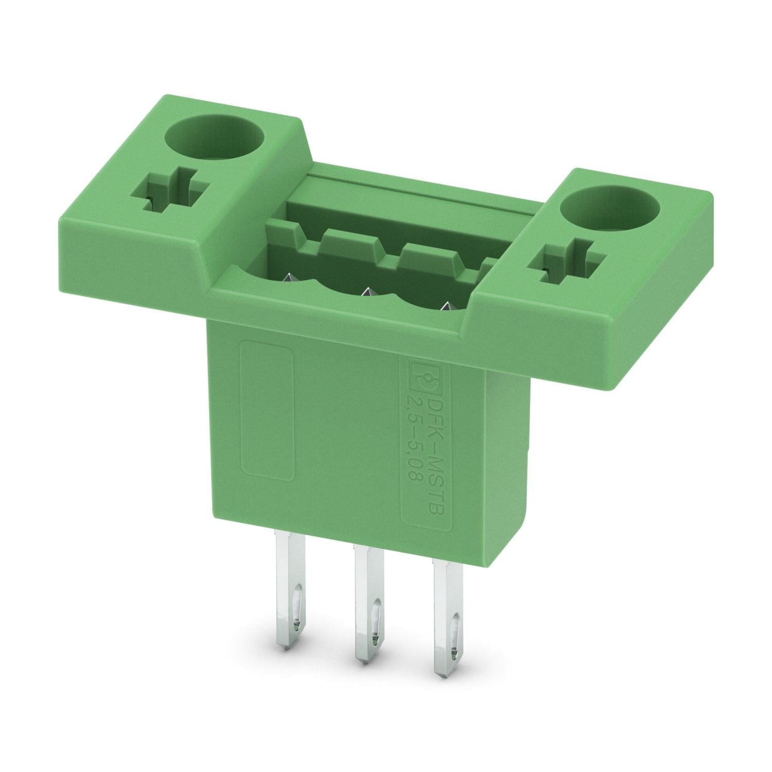 Feed-through header, nominal cross section: 2.5 mm 2 , color: green, nominal current: 12 A, rated voltage (III/2): 320 V, contact surface: Sn, contact connection type: Pin, number of potentials: 3, number of rows: 1, number of positions: 3, number of connections: 3, product range: DFK-MSTB 2,5/..-G, pitch: 5.08 mm, connection method: Solder/Slip-on connection, mounting: Direct mounting, pin layout: Linear pinning, solder pin [P]: 9.3 mm, number of solder pins per potential: 1, plug-in system: COMBICON MSTB 