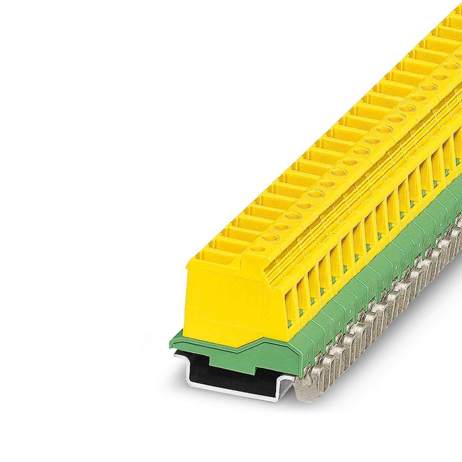 DIN rail connector, nominal cross section: 4 mm 2 , color: green-yellow, nominal current: 20 A, rated voltage (III/2): 630 V, contact surface: Sn, contact connection type: Pin, number of potentials: 1, number of rows: 1, number of positions: 1, number of connections: 1, product range: PCVK 4-PE, pitch: 7.62 mm, connection method: Screw connection with tension sleeve, screw head form: L Slotted, mounting: DIN rail mounting, conductor/PCB connection direction: 0 °, plug-in system: COMBICON PC 4, locking: with