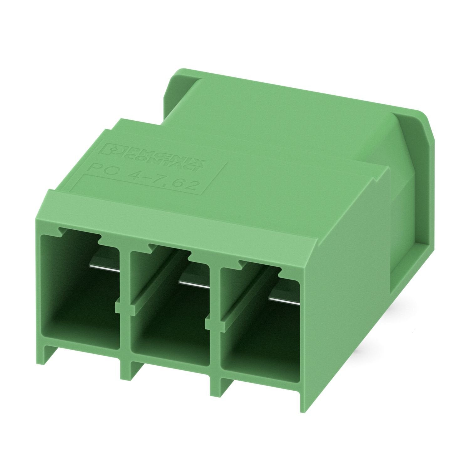 PCB headers, nominal cross section: 4 mm 2 , color: green, nominal current: 20 A, rated voltage (III/2): 630 V, contact surface: Sn, contact connection type: Pin, number of potentials: 3, number of rows: 1, number of positions: 3, number of connections: 3, product range: PC 4/..-G, pitch: 7.62 mm, mounting: Wave soldering, pin layout: Linear pinning, solder pin [P]: 5 mm, number of solder pins per potential: 2, plug-in system: COMBICON PC 4, Pin connector pattern alignment: Standard, locking: without, mount