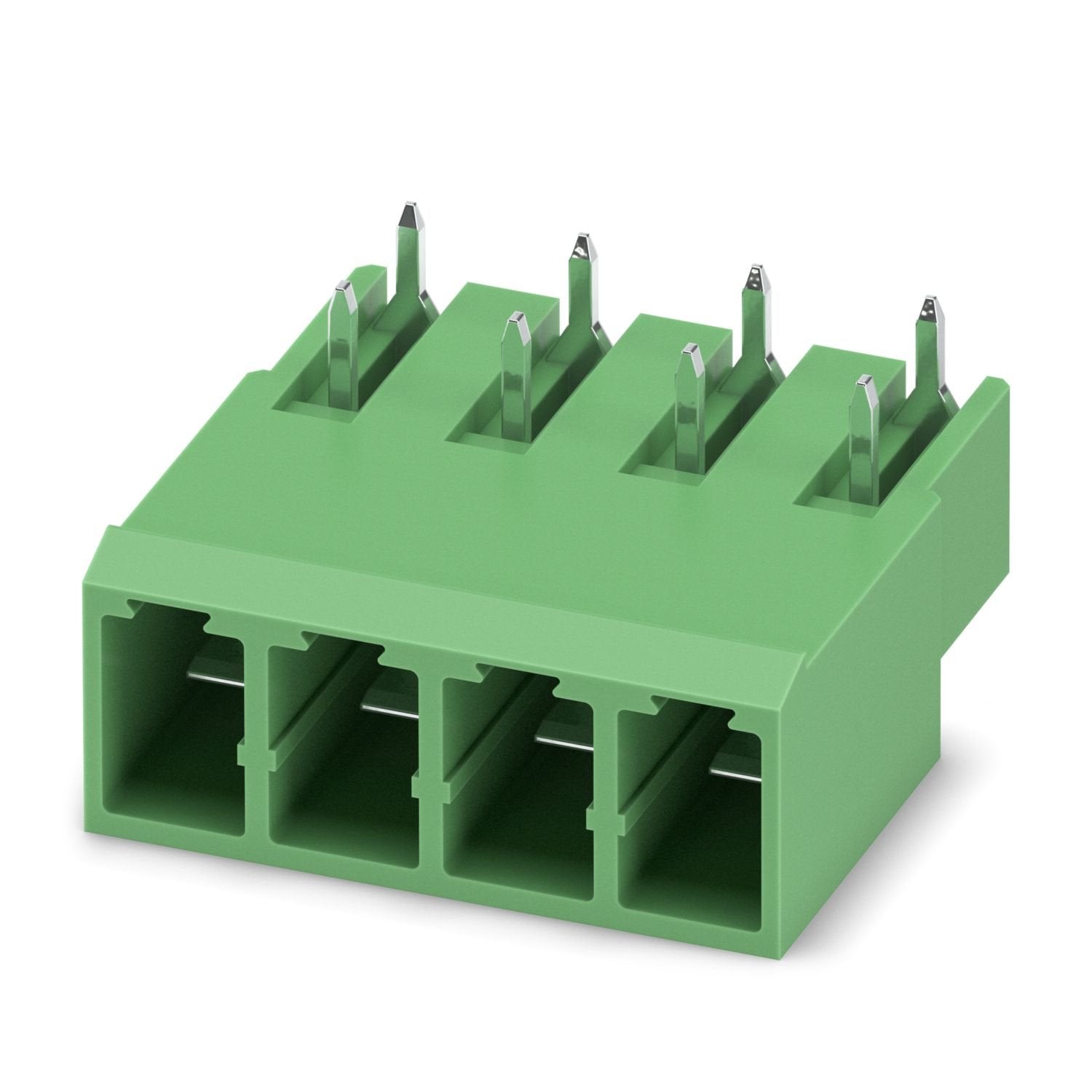 PCB headers, nominal cross section: 4 mm 2 , color: green, nominal current: 20 A, rated voltage (III/2): 630 V, contact surface: Sn, contact connection type: Pin, number of potentials: 4, number of rows: 1, number of positions: 4, number of connections: 4, product range: PC 4/..-GU, pitch: 7.62 mm, mounting: Wave soldering, pin layout: Linear pinning, solder pin [P]: 4.26 mm, number of solder pins per potential: 2, plug-in system: COMBICON PC 4, Pin connector pattern alignment: reversed, locking: without, m