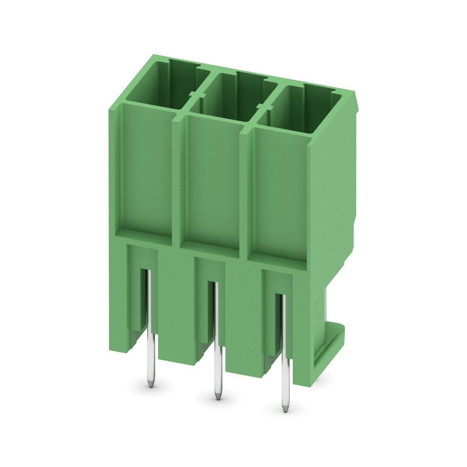 PCB headers, nominal cross section: 4 mm 2 , color: green, nominal current: 20 A, rated voltage (III/2): 630 V, contact surface: Sn, contact connection type: Pin, number of potentials: 3, number of rows: 1, number of positions: 3, number of connections: 3, product range: PCV 4/..-G, pitch: 7.62 mm, mounting: Wave soldering, pin layout: Linear pinning, solder pin [P]: 5 mm, number of solder pins per potential: 2, plug-in system: COMBICON PC 4, Pin connector pattern alignment: Standard, locking: without, moun