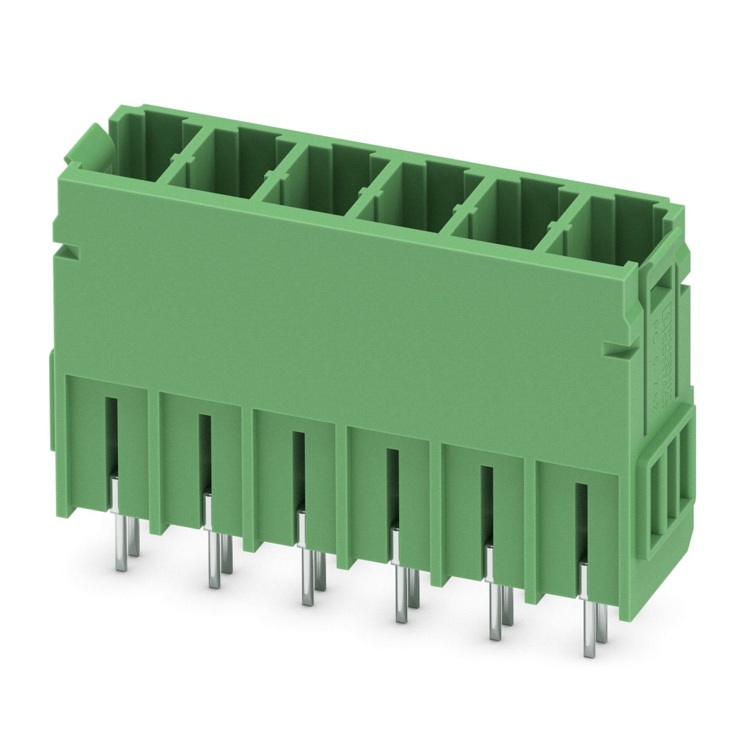 PCB headers, nominal cross section: 6 mm 2 , color: green, nominal current: 32 A, rated voltage (III/2): 630 V, contact surface: Sn, contact connection type: Pin, number of potentials: 6, number of rows: 1, number of positions: 6, number of connections: 6, product range: PCV 5/..-G, pitch: 7.62 mm, mounting: Wave soldering, pin layout: Linear pinning, solder pin [P]: 5 mm, number of solder pins per potential: 3, plug-in system: COMBICON PC 5, Pin connector pattern alignment: Standard, locking: without, moun
