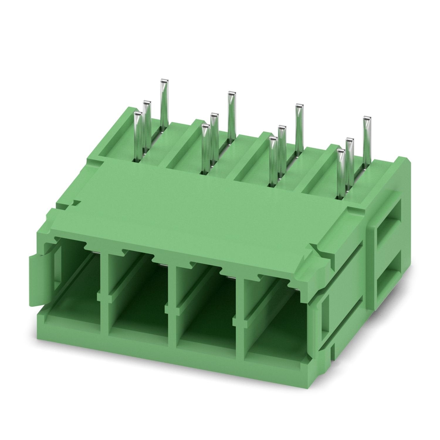 PCB headers, nominal cross section: 6 mm 2 , color: green, nominal current: 32 A, rated voltage (III/2): 630 V, contact surface: Sn, contact connection type: Pin, number of potentials: 4, number of rows: 1, number of positions: 4, number of connections: 4, product range: PC 5/..-GU, pitch: 7.62 mm, mounting: Wave soldering, pin layout: Linear pinning, solder pin [P]: 4.2 mm, number of solder pins per potential: 3, plug-in system: COMBICON PC 5, Pin connector pattern alignment: reversed, locking: without, mo