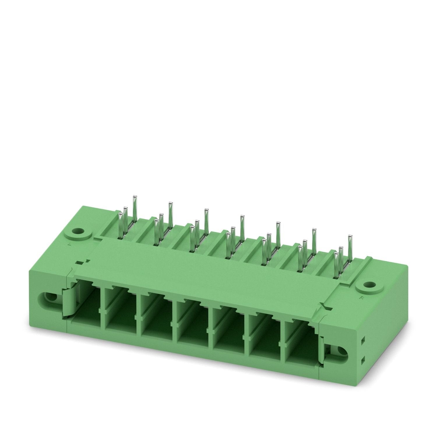 PCB headers, nominal cross section: 6 mm 2 , color: green, nominal current: 32 A, rated voltage (III/2): 630 V, contact surface: Sn, contact connection type: Pin, number of potentials: 7, number of rows: 1, number of positions: 7, number of connections: 7, product range: PC 5/..-GFU, pitch: 7.62 mm, mounting: Wave soldering, pin layout: Linear pinning, solder pin [P]: 4.2 mm, number of solder pins per potential: 3, plug-in system: COMBICON PC 5, Pin connector pattern alignment: reversed, locking: Screw lock