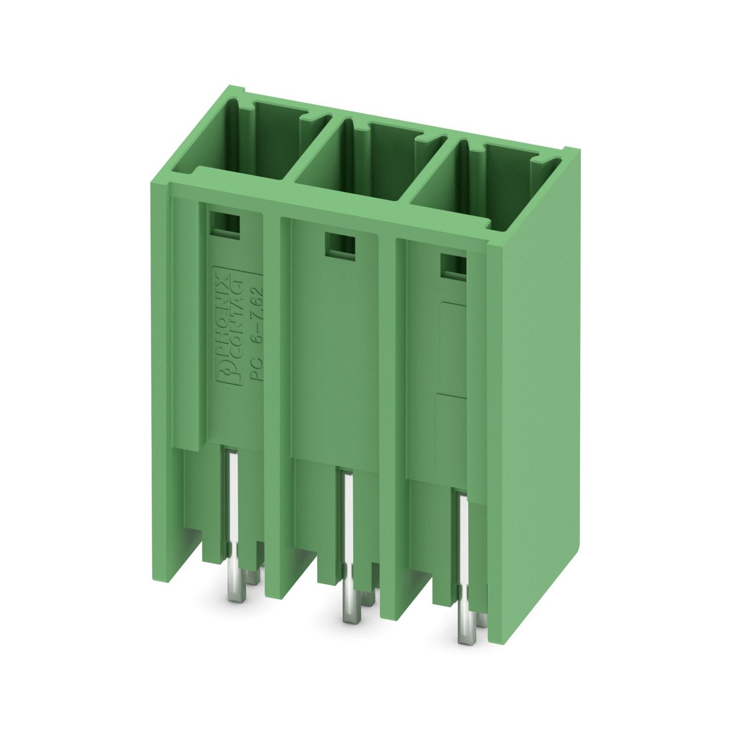 PCB headers, nominal cross section: 6 mm 2 , color: green, nominal current: 41 A, rated voltage (III/2): 630 V, contact surface: Sn, contact connection type: Pin, number of potentials: 3, number of rows: 1, number of positions: 3, number of connections: 3, product range: PCV 6/..-G, pitch: 7.62 mm, mounting: Wave soldering, pin layout: Linear pinning, solder pin [P]: 2.6 mm, number of solder pins per potential: 3, plug-in system: COMBICON PC 6, Pin connector pattern alignment: Standard, locking: without, mo