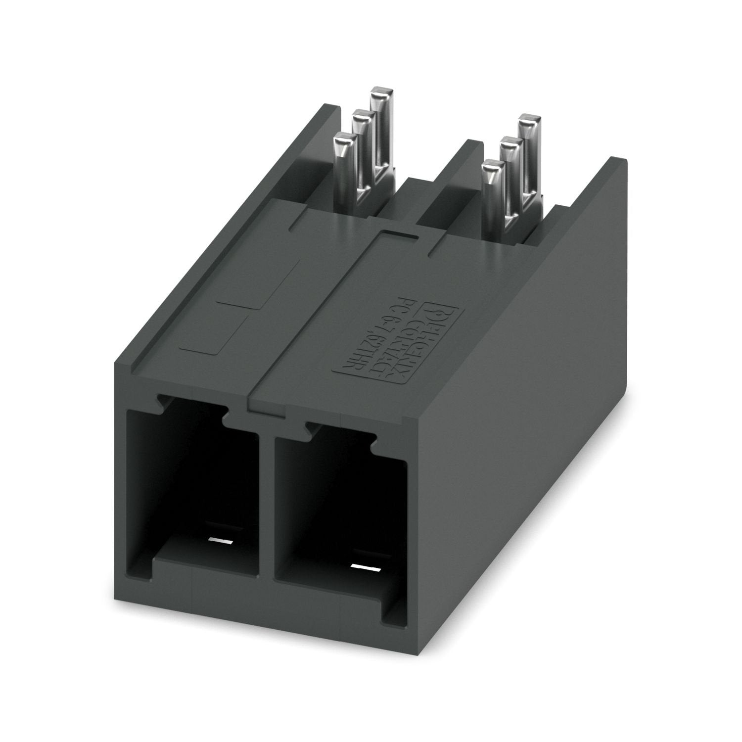 PCB headers, nominal cross section: 6 mm 2 , color: black, nominal current: 41 A, rated voltage (III/2): 630 V, contact surface: Sn, contact connection type: Pin, number of rows: 1, number of positions: 2, product range: PC 6/..-GU-THR, pitch: 7.62 mm, mounting: THR soldering / wave soldering, pin layout: Linear pinning, solder pin [P]: 2.6 mm, number of solder pins per potential: 3, plug-in system: COMBICON PC 6, Pin connector pattern alignment: reversed, locking: without, mounting method: without, type of