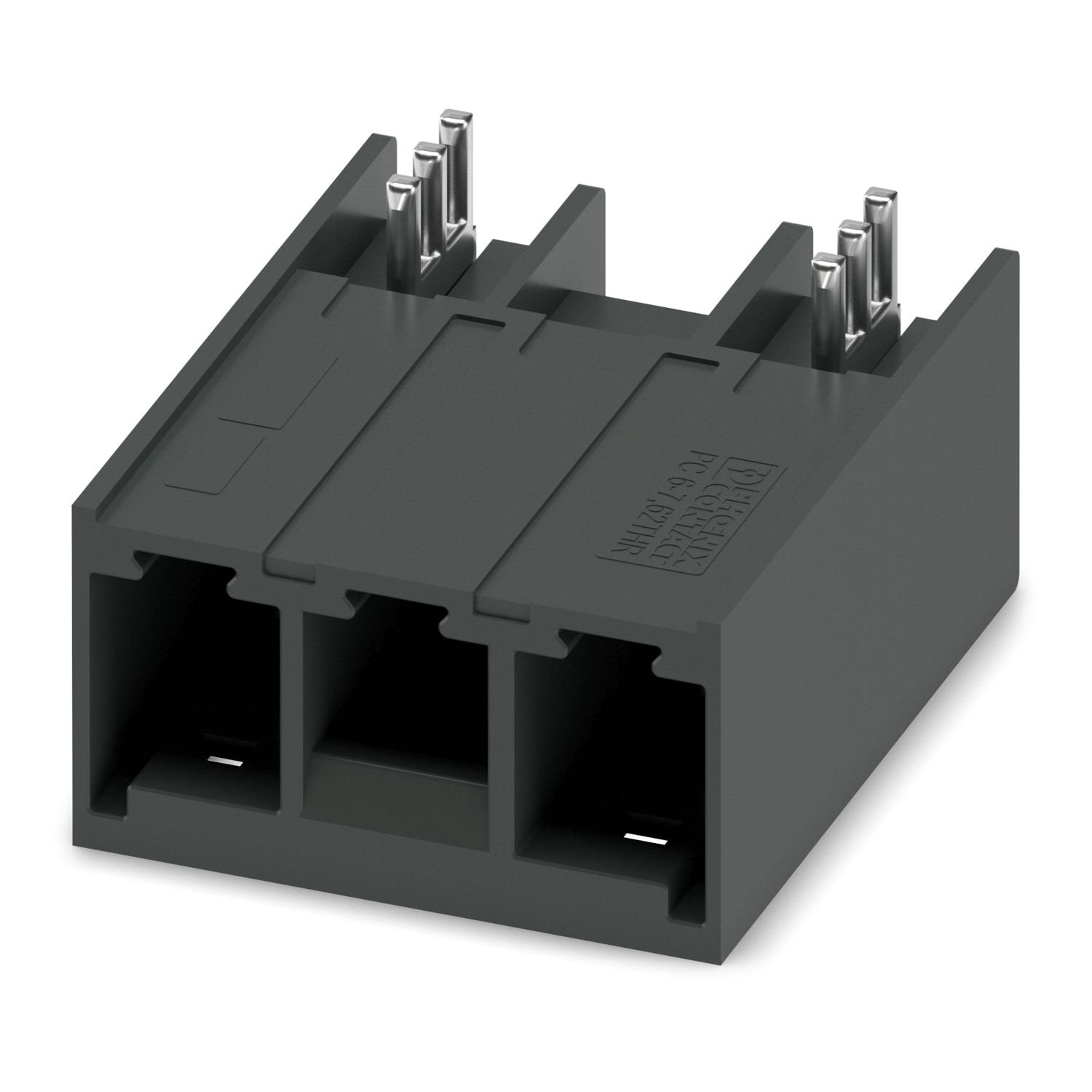 PCB headers, nominal cross section: 6 mm 2 , color: black, nominal current: 41 A, rated voltage (III/2): 630 V, contact surface: Sn, contact connection type: Pin, number of rows: 1, number of positions: 2, product range: PC 6/..-GLU-THR, pitch: 7.62 mm, mounting: THR soldering / wave soldering, pin layout: Linear pinning, solder pin [P]: 2.6 mm, number of solder pins per potential: 3, plug-in system: COMBICON PC 6, Pin connector pattern alignment: reversed, locking: Snap-in locking, mounting method: Latchin