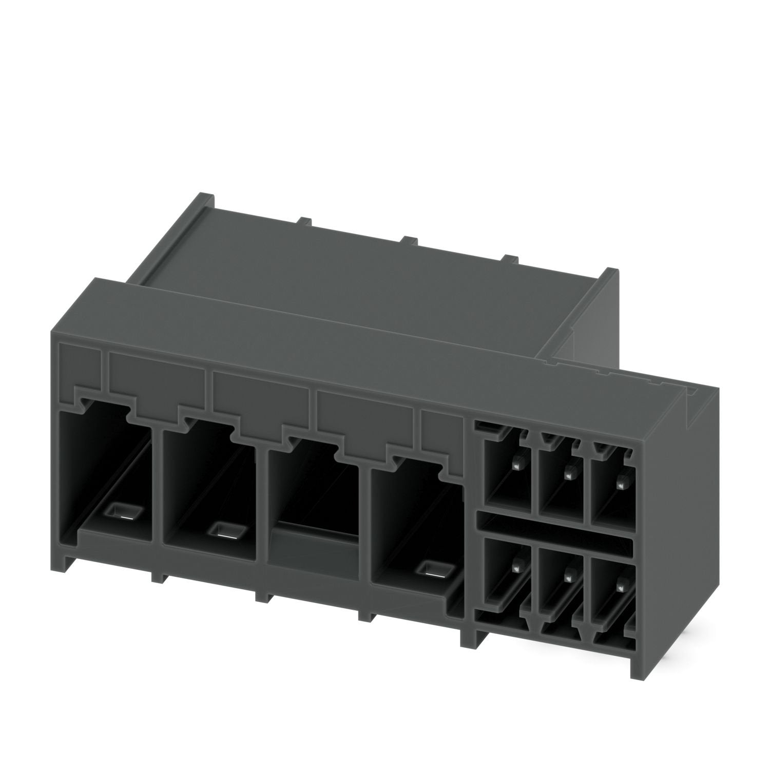 PCB hybrid header, nominal cross section: 6 mm 2 , color: black, nominal current: 41 A, 8 A, rated voltage (III/2): 630 V, contact surface: Sn, contact connection type: Pin, number of rows: 1, number of positions: 9, product range: PCH 6/..+6-GL-THR, pitch: 7.62 mm, mounting: THR soldering / wave soldering, pin layout: Linear pinning, solder pin [P]: 2.6 mm, number of solder pins per potential: 3, plug-in system: COMBICON PC 6 hybrid, Pin connector pattern alignment: Standard, locking: Snap-in locking, moun