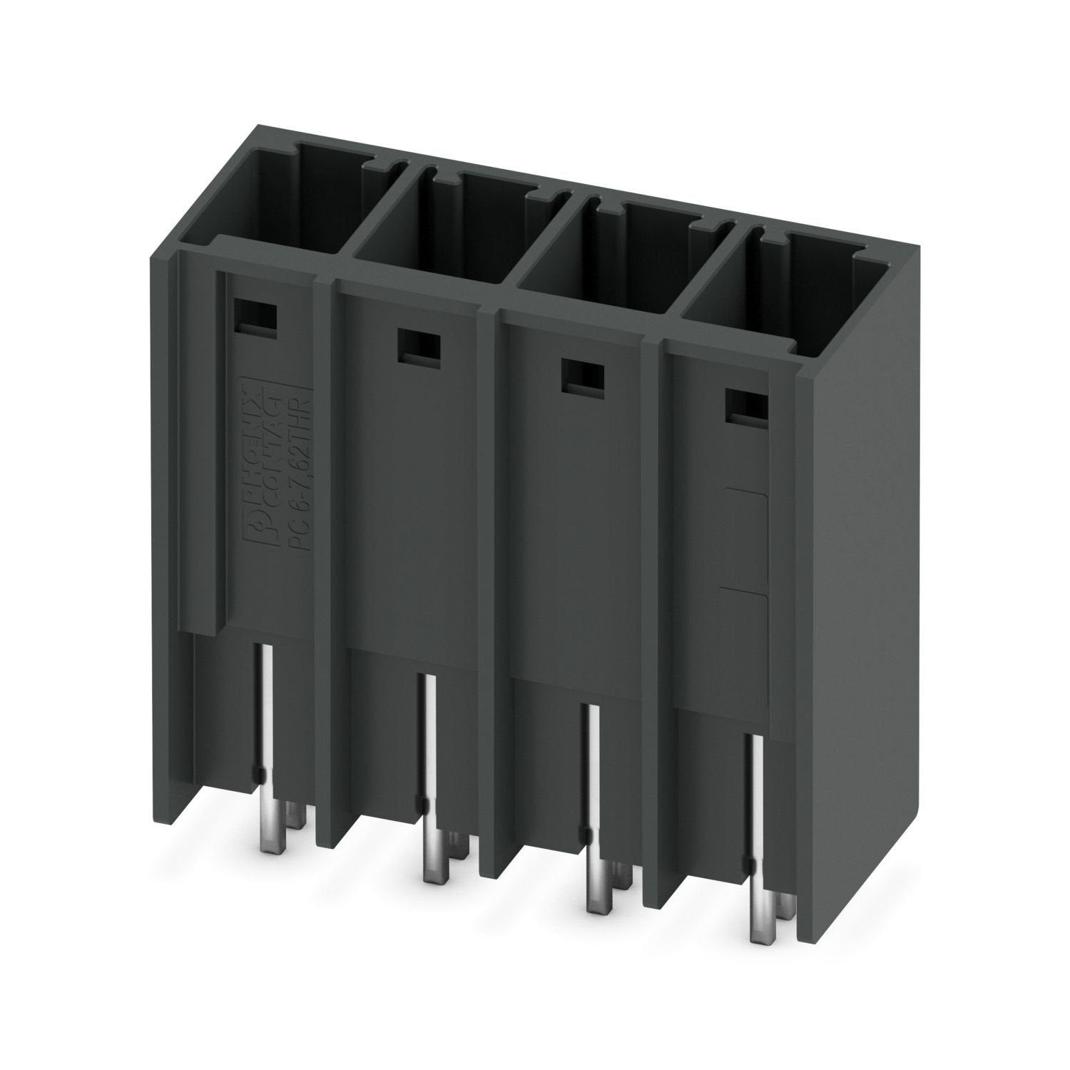 PCB headers, nominal cross section: 6 mm 2 , color: black, nominal current: 41 A, rated voltage (III/2): 630 V, contact surface: Sn, contact connection type: Pin, number of rows: 1, number of positions: 4, product range: PCV 6/..-G-THR, pitch: 7.62 mm, mounting: THR soldering / wave soldering, pin layout: Linear pinning, solder pin [P]: 2.6 mm, number of solder pins per potential: 3, plug-in system: COMBICON PC 6, Pin connector pattern alignment: Standard, locking: without, mounting method: without, type of