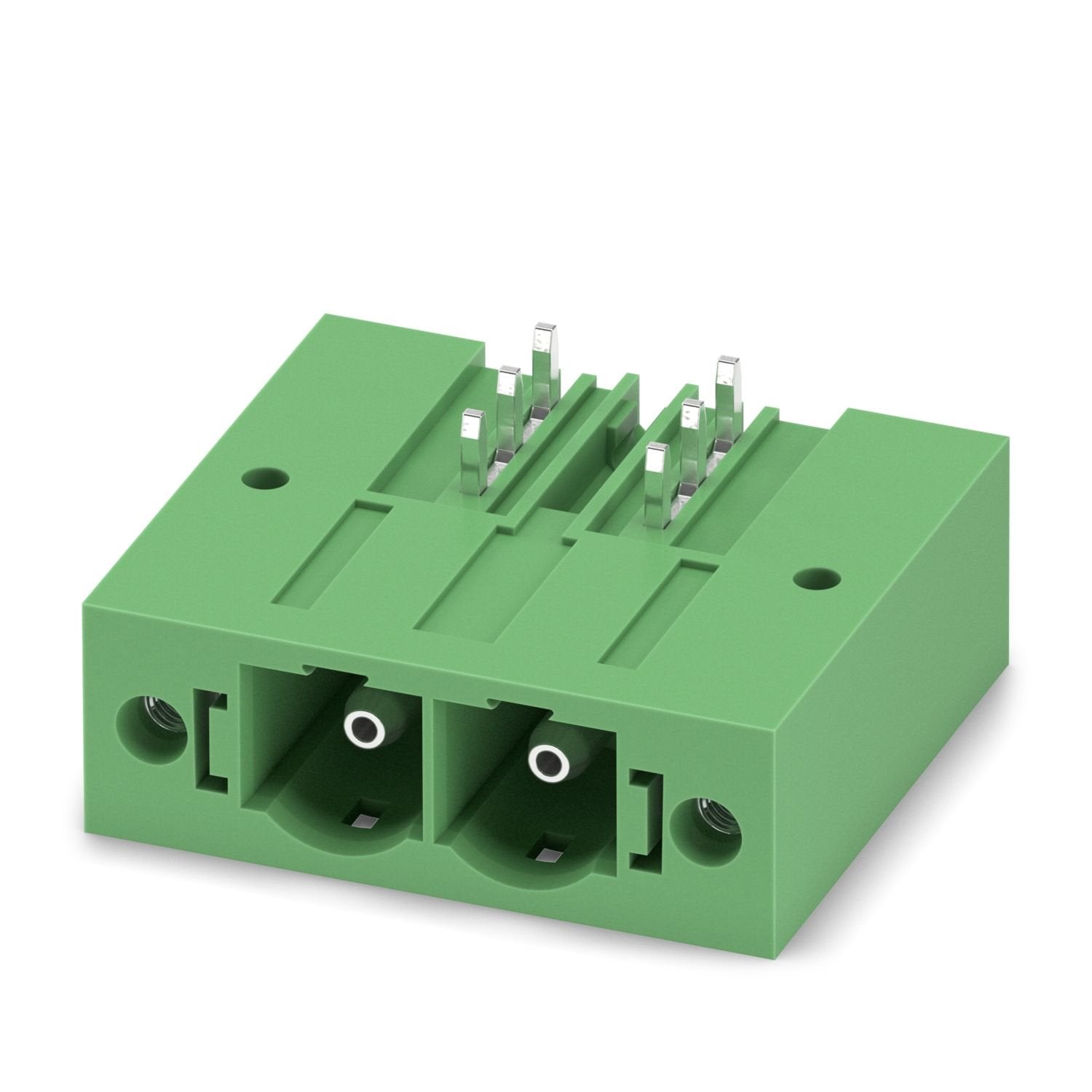 PCB headers, nominal cross section: 16 mm 2 , color: green, nominal current: 76 A (41 A in combination with PC 6 plug), rated voltage (III/2): 1000 V, contact surface: Ag, contact connection type: Pin, number of potentials: 2, number of rows: 1, number of positions: 2, number of connections: 2, product range: PC 6-16/..-G1FU, pitch: 10.16 mm, mounting: Wave soldering, pin layout: Linear pinning, solder pin [P]: 4 mm, number of solder pins per potential: 3, plug-in system: COMBICON PC 16, Pin connector patte