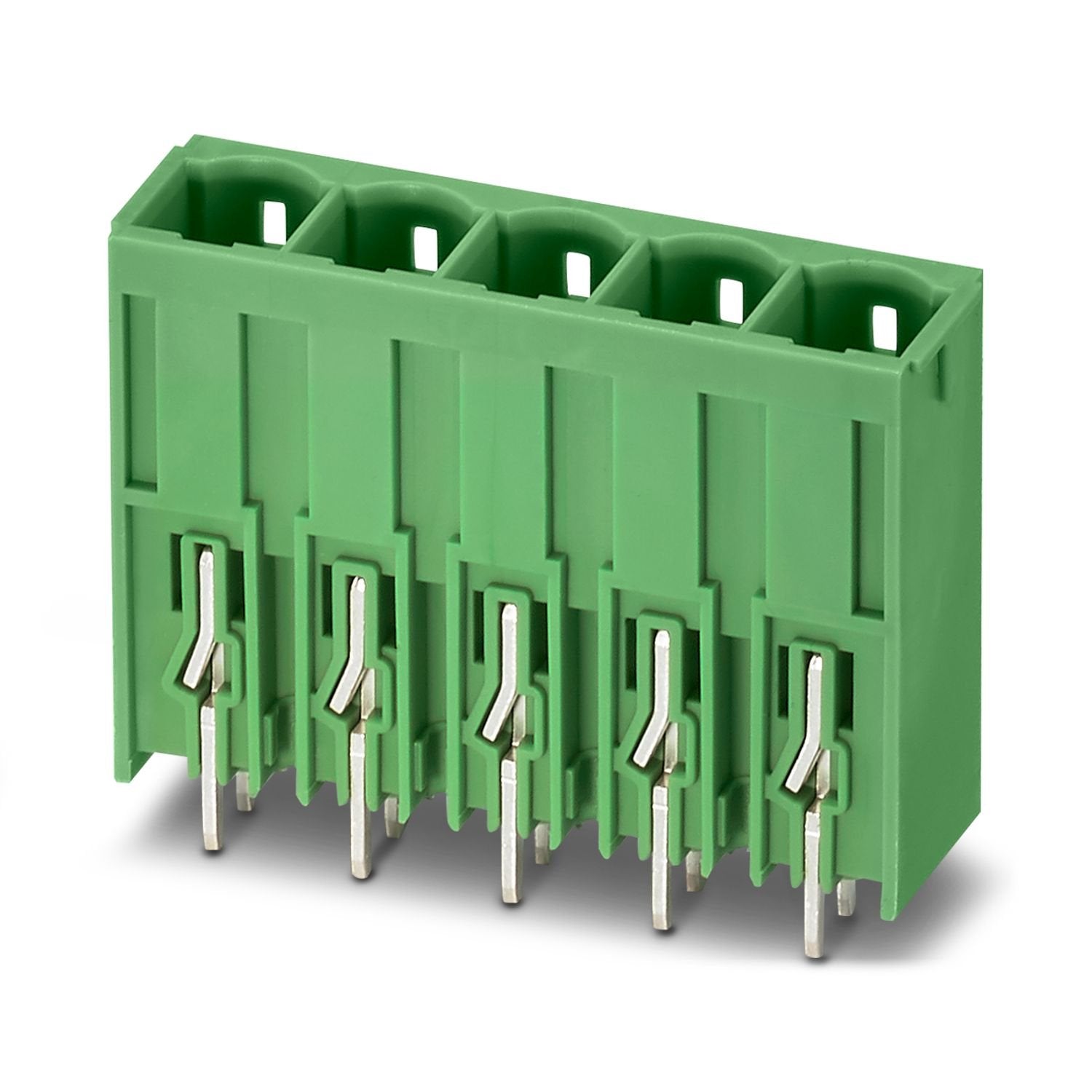 PCB headers, nominal cross section: 16 mm 2 , color: green, nominal current: 76 A (41 A in combination with PC 6 plug), rated voltage (III/2): 1000 V, contact surface: Ag, contact connection type: Pin, number of potentials: 3, number of rows: 1, number of positions: 3, number of connections: 3, product range: PCV 6-16/..-G1, pitch: 10.16 mm, mounting: Wave soldering, pin layout: Linear pinning, solder pin [P]: 4 mm, number of solder pins per potential: 3, plug-in system: COMBICON PC 16, Pin connector patter