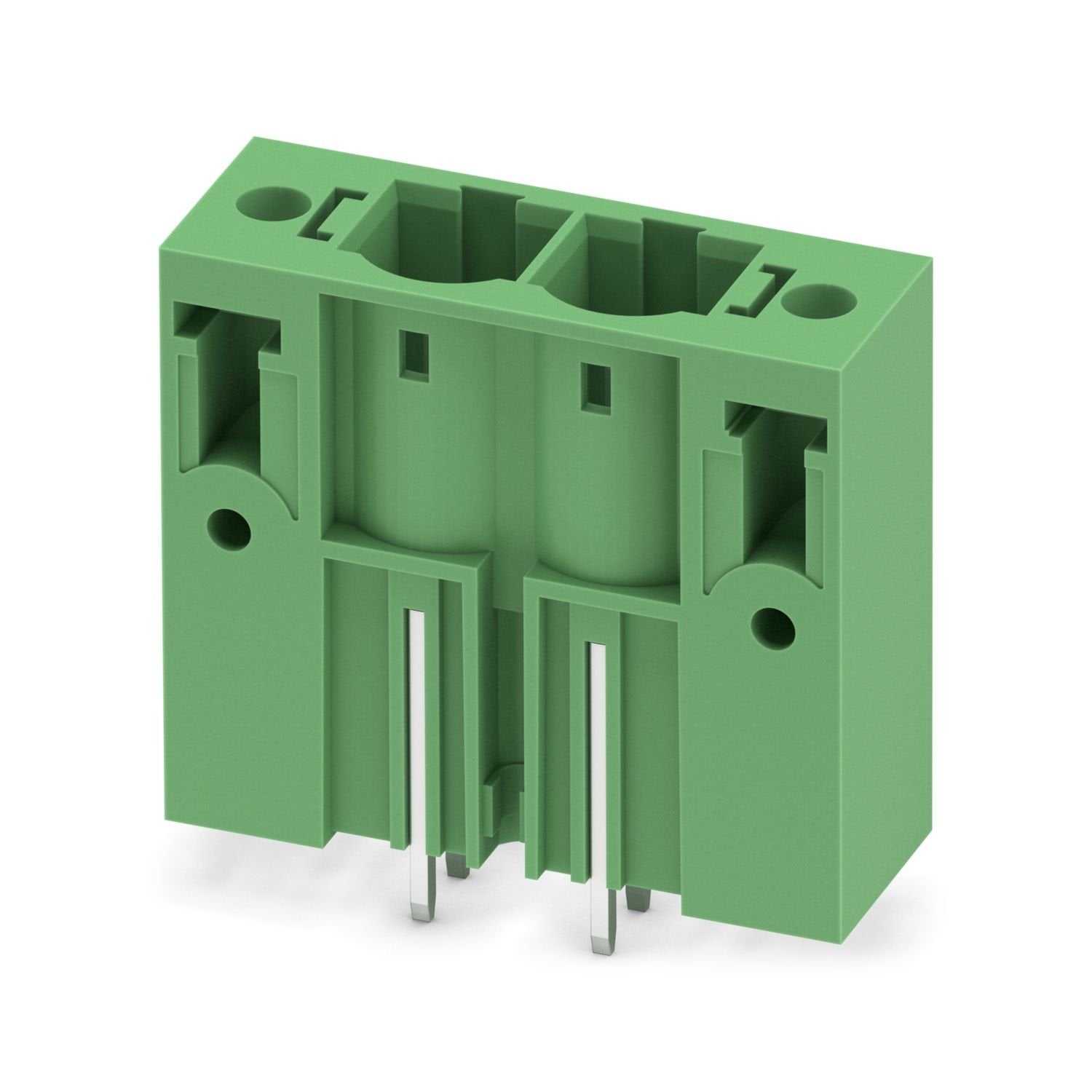PCB headers, nominal cross section: 16 mm 2 , color: green, nominal current: 76 A (41 A in combination with PC 6 plug), rated voltage (III/2): 1000 V, contact surface: Ag, contact connection type: Pin, number of potentials: 2, number of rows: 1, number of positions: 2, number of connections: 2, product range: PCV 6-16/..-G1F, pitch: 10.16 mm, mounting: Wave soldering, pin layout: Linear pinning, solder pin [P]: 4 mm, number of solder pins per potential: 3, plug-in system: COMBICON PC 16, Pin connector patte