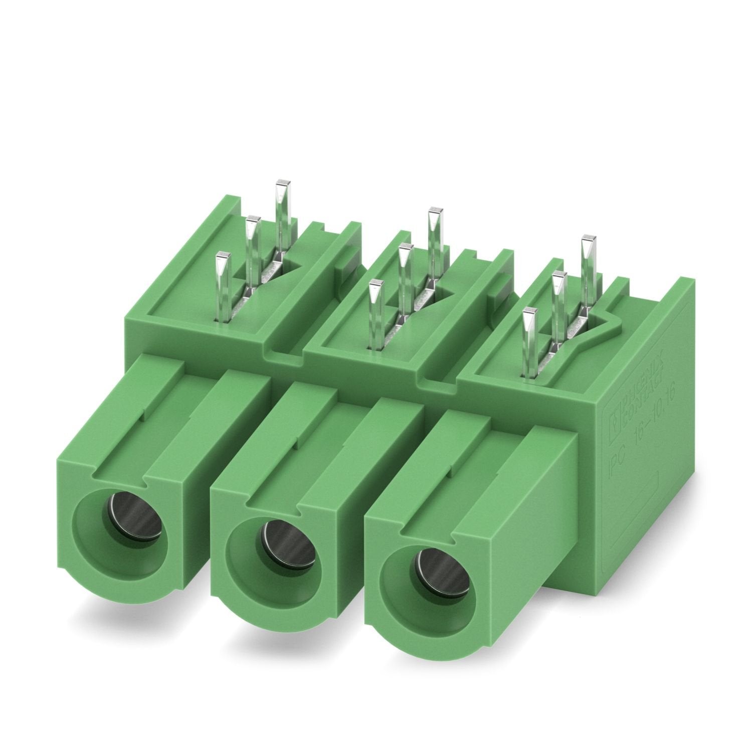 PCB headers, nominal cross section: 16 mm 2 , color: green, nominal current: 76 A, rated voltage (III/2): 1000 V, contact surface: Ag, contact connection type: Socket, number of potentials: 3, number of rows: 1, number of positions: 3, number of connections: 3, product range: IPC 16/..-GU, pitch: 10.16 mm, mounting: Wave soldering, pin layout: Linear pinning, solder pin [P]: 4 mm, number of solder pins per potential: 3, plug-in system: COMBICON PC 16, Pin connector pattern alignment: reversed, locking: with