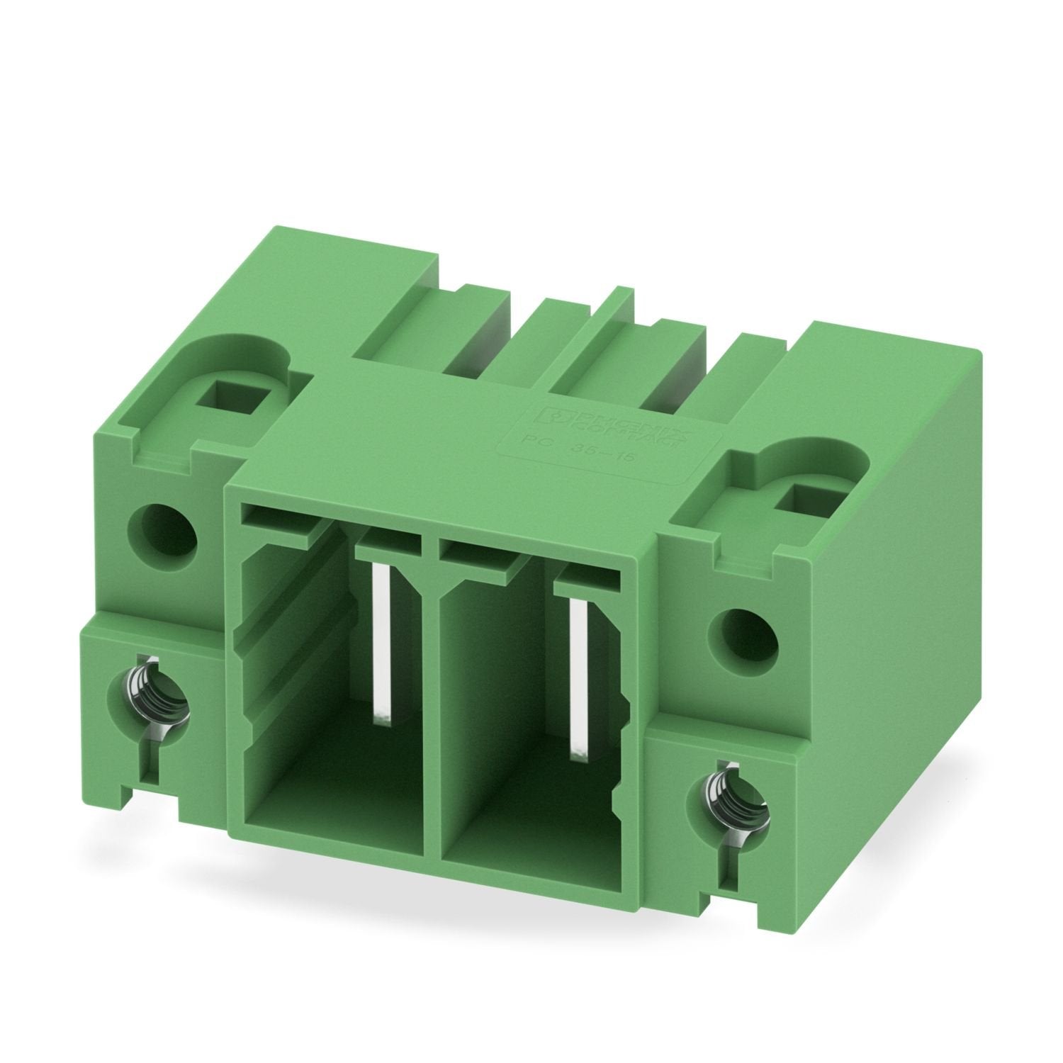 PCB headers, nominal cross section: 35 mm 2 , color: green, nominal current: 125 A, rated voltage (III/2): 1000 V, contact surface: Ag, contact connection type: Pin, number of potentials: 2, number of rows: 1, number of positions: 2, number of connections: 2, product range: PC 35 HC/..-GF, pitch: 15 mm, mounting: Wave soldering, pin layout: Linear pinning, solder pin [P]: 4.6 mm, number of solder pins per potential: 3, plug-in system: COMBICON PC 35, Pin connector pattern alignment: Standard, locking: Screw