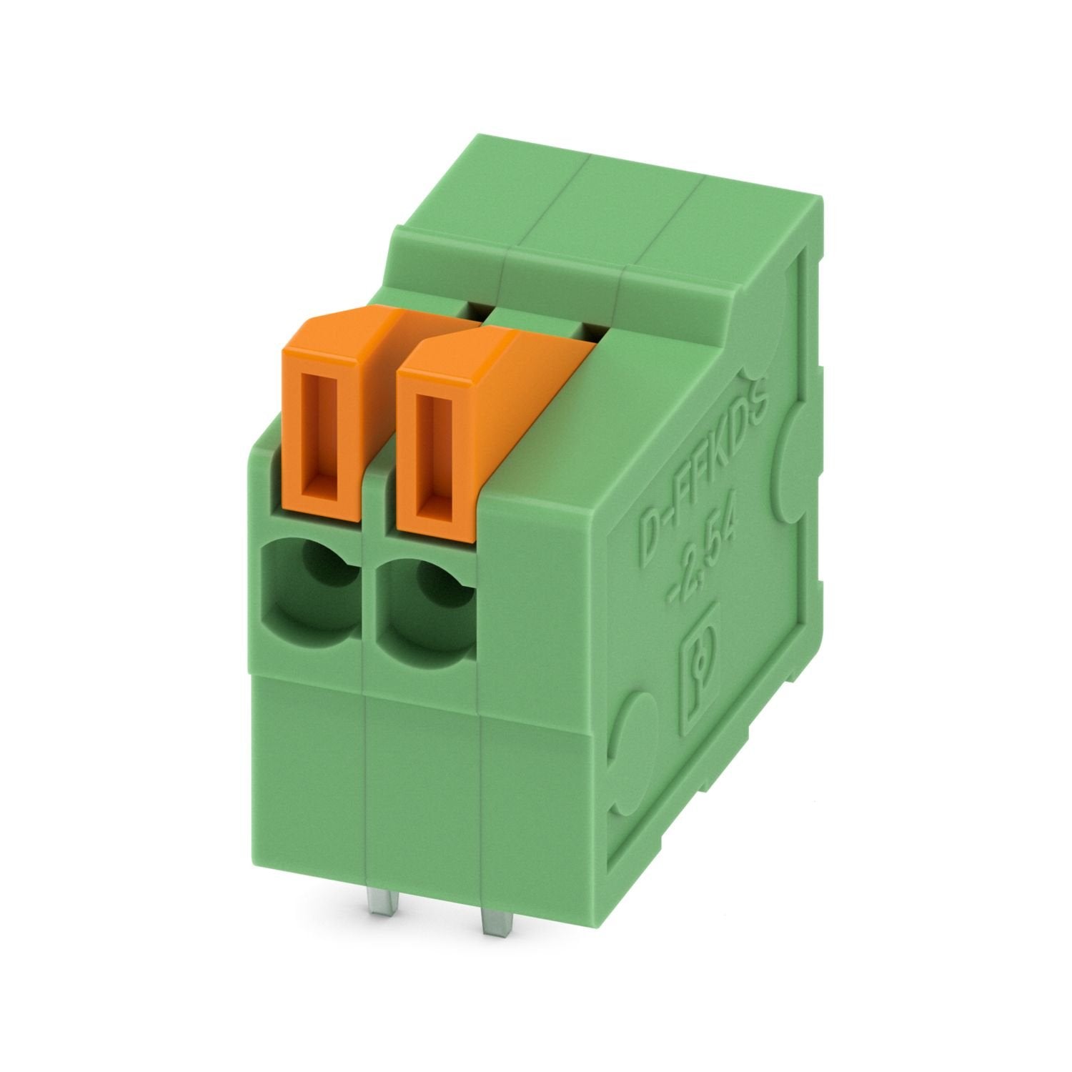 Printed circuit board terminal, nominal current: 6 A, rated voltage (III/2): 160 V, nominal cross section: 0.5 mm 2 , number of potentials: 2, number of rows: 1, number of positions per row: 2, product range: FFKDS(A) 0,5/..-H, pitch: 2.54 mm, connection method: Push-in spring connection, mounting: Wave soldering, conductor/PCB connection direction: 0 °, color: green, Pin layout: Linear pinning, Solder pin [P]: 3.4 mm, number of solder pins per potential: 2, type of packaging: packed in cardboard