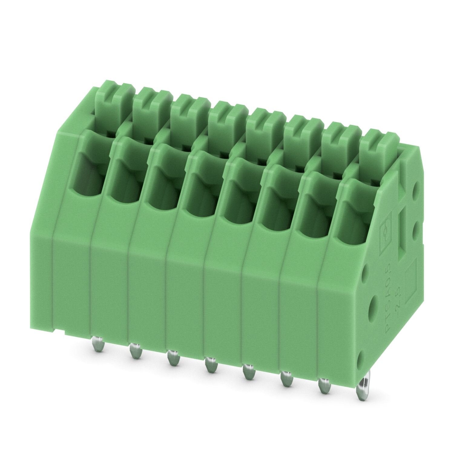 Printed circuit board terminal, nominal current: 2 A, rated voltage (III/2): 250 V, nominal cross section: 0.5 mm 2 , number of potentials: 8, number of rows: 1, number of positions per row: 8, product range: PTSA 0,5, pitch: 2.5 mm, connection method: Push-in spring connection, mounting: Wave soldering, conductor/PCB connection direction: 45 °, color: green, Pin layout: Linear pinning, Solder pin [P]: 3.5 mm, number of solder pins per potential: 1, type of packaging: packed in cardboard. Soldering legs in 