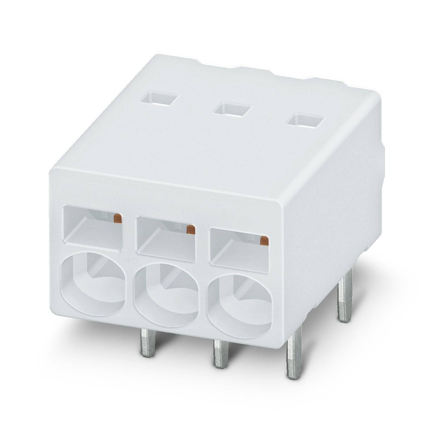 Printed circuit board terminal, nominal current: 6 A, rated voltage (III/2): 160 V, nominal cross section: 0.5 mm 2 , number of potentials: 3, number of rows: 1, number of positions per row: 3, product range: PTSM 0,5/..-H-THR WH, pitch: 2.5 mm, connection method: Push-in spring connection, mounting: THR soldering / wave soldering, conductor/PCB connection direction: 0 °, color: signal white, Pin layout: Linear pinning, Solder pin [P]: 2.1 mm, number of solder pins per potential: 2, type of packaging: 32 mm