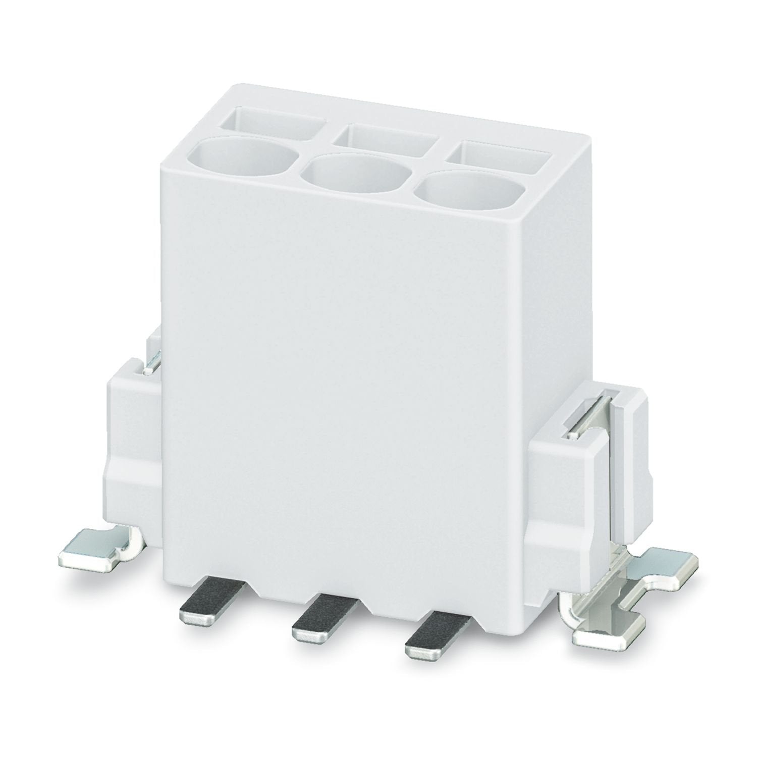 Printed circuit board terminal, nominal current: 6 A, rated voltage (III/2): 160 V, nominal cross section: 0.5 mm 2 , number of potentials: 2, number of rows: 1, number of positions per row: 2, product range: PTSM 0,5/..-V-SMD WH, pitch: 2.5 mm, connection method: Push-in spring connection, mounting: SMD soldering, conductor/PCB connection direction: 90 °, color: signal white, Pin layout: Linear pad geometry, number of solder pins per potential: 1, type of packaging: 44 mm wide tape