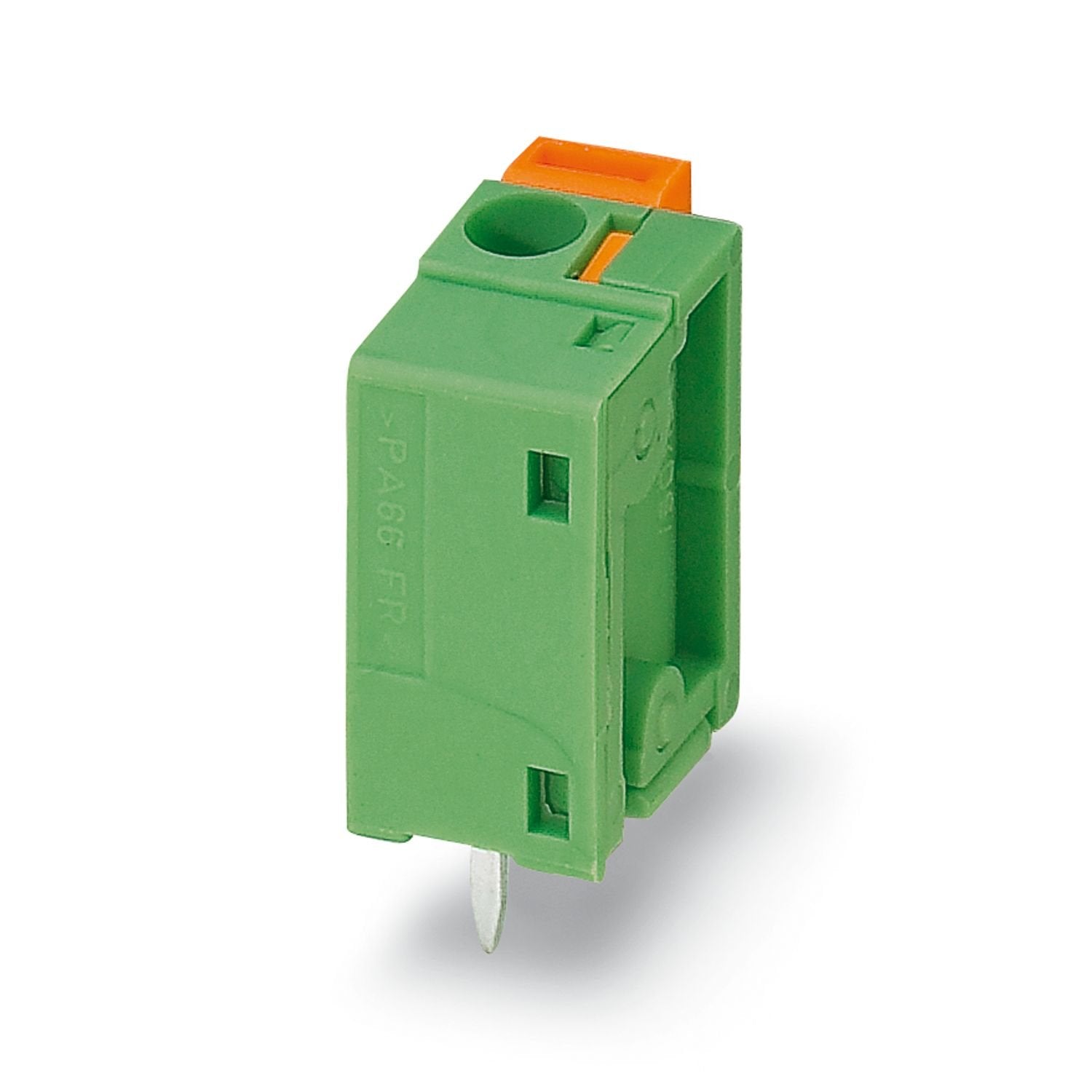 Printed circuit board terminal, nominal current: 17.5 A, rated voltage (III/2): 630 V, nominal cross section: 1.5 mm 2 , number of potentials: 1, number of rows: 1, number of positions per row: 1, product range: FFKDS(A)/V1, pitch: 7.62 mm, connection method: Push-in spring connection, mounting: Wave soldering, conductor/PCB connection direction: 90 °, color: green, Pin layout: Linear pinning, Solder pin [P]: 3.4 mm, number of solder pins per potential: 2, type of packaging: packed in cardboard. End termina