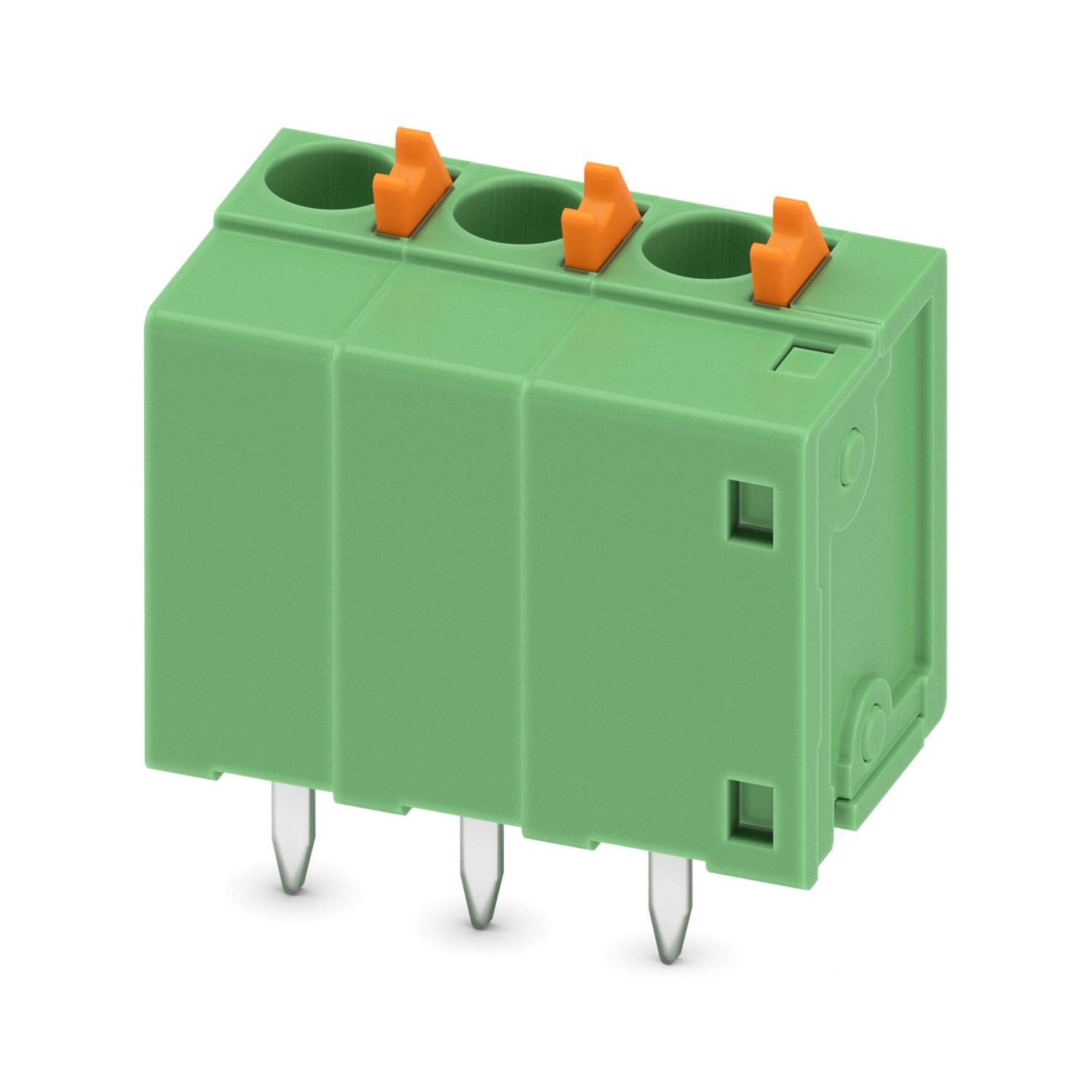 Printed circuit board terminal, nominal current: 15 A, rated voltage (III/2): 400 V, nominal cross section: 1.5 mm 2 , number of potentials: 3, number of rows: 1, number of positions per row: 3, product range: FFKDS(A)/V2, pitch: 5.08 mm, connection method: Push-in spring connection, mounting: Wave soldering, conductor/PCB connection direction: 90 °, color: green, Pin layout: Linear pinning, Solder pin [P]: 3.4 mm, number of solder pins per potential: 2, type of packaging: packed in cardboard