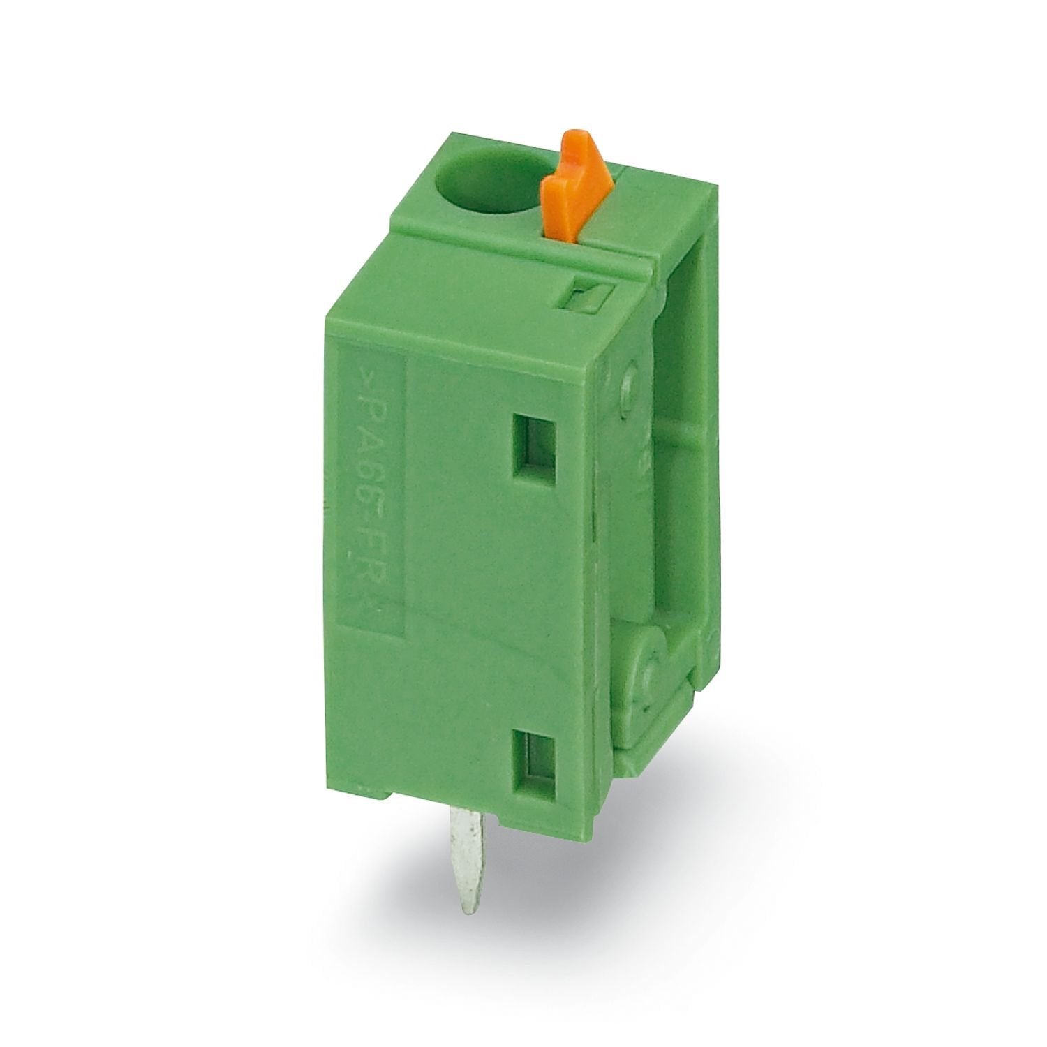 Printed circuit board terminal, nominal current: 17.5 A, rated voltage (III/2): 630 V, nominal cross section: 1.5 mm 2 , number of potentials: 1, number of rows: 1, number of positions per row: 1, product range: FFKDS(A)/V2, pitch: 7.62 mm, connection method: Push-in spring connection, mounting: Wave soldering, conductor/PCB connection direction: 90 °, color: green, Pin layout: Linear pinning, Solder pin [P]: 3.4 mm, number of solder pins per potential: 2, type of packaging: packed in cardboard. End termina
