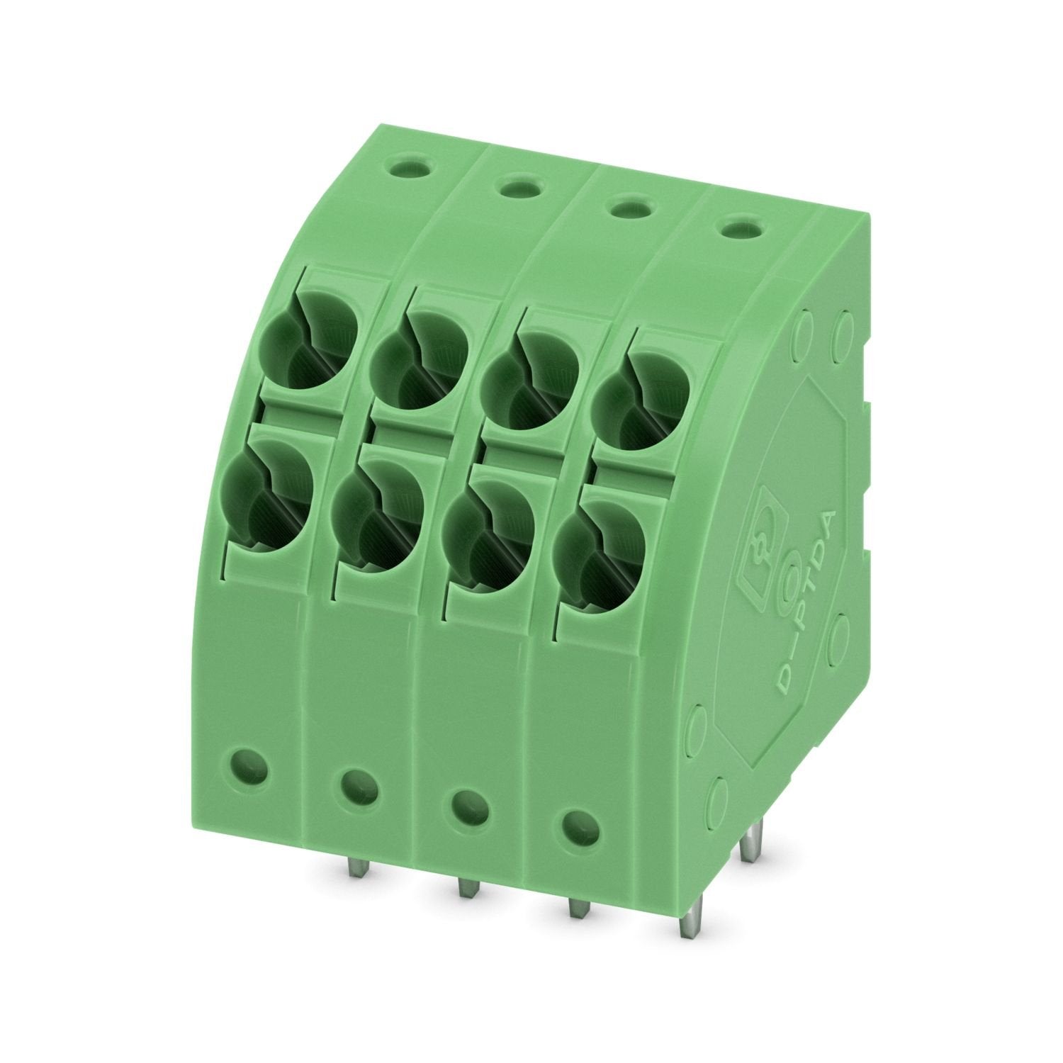 Printed circuit board terminal, nominal current: 17.5 A, rated voltage (III/2): 240 V, nominal cross section: 1.5 mm 2 , number of potentials: 4, number of rows: 1, number of positions per row: 4, product range: PTDA 1,5/, pitch: 3.5 mm, connection method: Push-in spring connection, mounting: Wave soldering, conductor/PCB connection direction: 45 °, color: green, Pin layout: Linear pinning, Solder pin [P]: 3.5 mm, number of solder pins per potential: 2, type of packaging: packed in cardboard