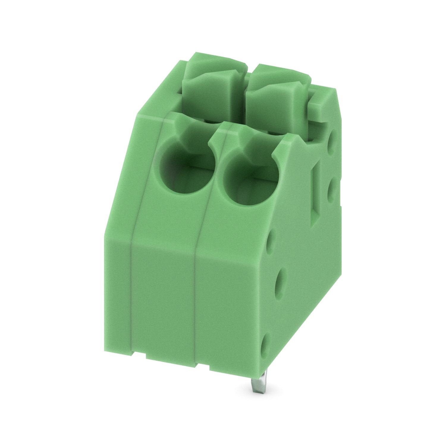 Printed circuit board terminal, nominal current: 8 A, rated voltage (III/2): 400 V, nominal cross section: 1.5 mm 2 , number of potentials: 2, number of rows: 1, number of positions per row: 2, product range: PTSA 1,5, pitch: 3.5 mm, connection method: Push-in spring connection, mounting: Wave soldering, conductor/PCB connection direction: 45 °, color: green, Pin layout: Zigzag pinning W, Solder pin [P]: 3.5 mm, number of solder pins per potential: 1, type of packaging: packed in cardboard. Offset soldering