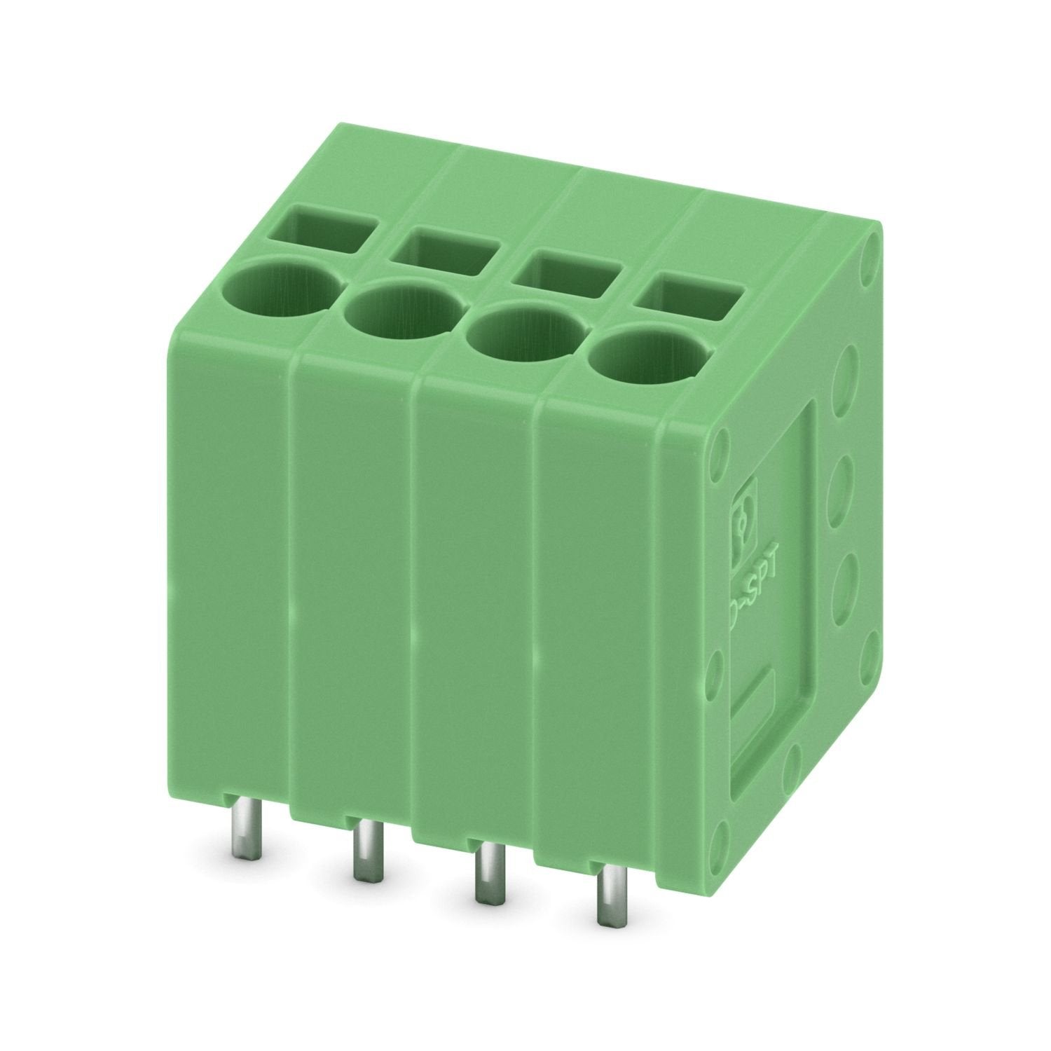 Printed circuit board terminal, nominal current: 17.5 A, rated voltage (III/2): 200 V, nominal cross section: 1.5 mm 2 , number of potentials: 4, number of rows: 1, number of positions per row: 4, product range: SPT 1,5/..-V, pitch: 3.5 mm, connection method: Push-in spring connection, mounting: Wave soldering, conductor/PCB connection direction: 90 °, color: green, Pin layout: Linear pinning, Solder pin [P]: 2.5 mm, number of solder pins per potential: 2, type of packaging: packed in cardboard