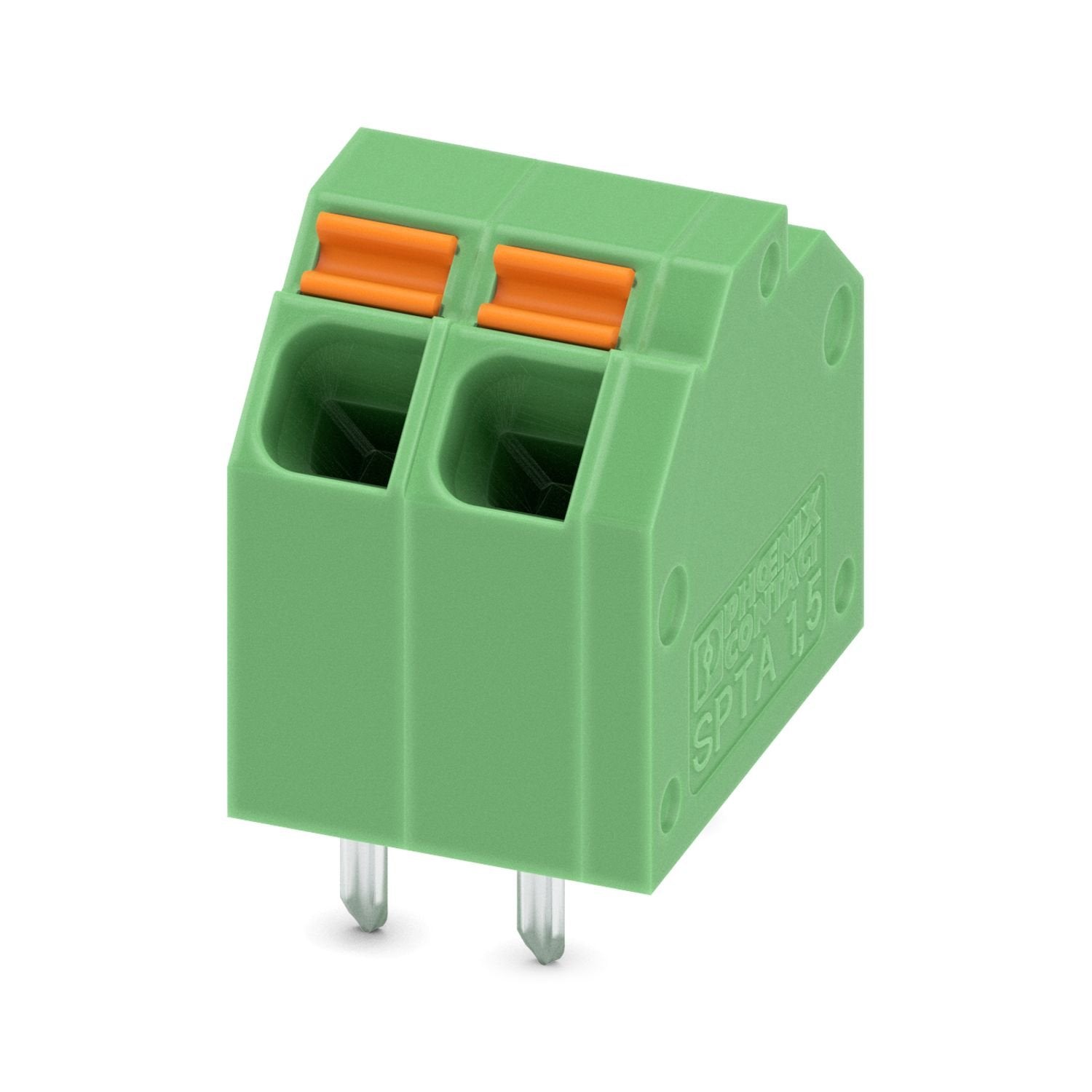 Printed circuit board terminal, nominal current: 17.5 A, rated voltage (III/2): 160 V, nominal cross section: 1.5 mm 2 , number of potentials: 2, number of rows: 1, number of positions per row: 2, product range: SPTA 1,5/, pitch: 3.81 mm, connection method: Push-in spring connection, mounting: Wave soldering, conductor/PCB connection direction: 45 °, color: green, Pin layout: Linear pinning, Solder pin [P]: 3.4 mm, number of solder pins per potential: 2, type of packaging: packed in cardboard