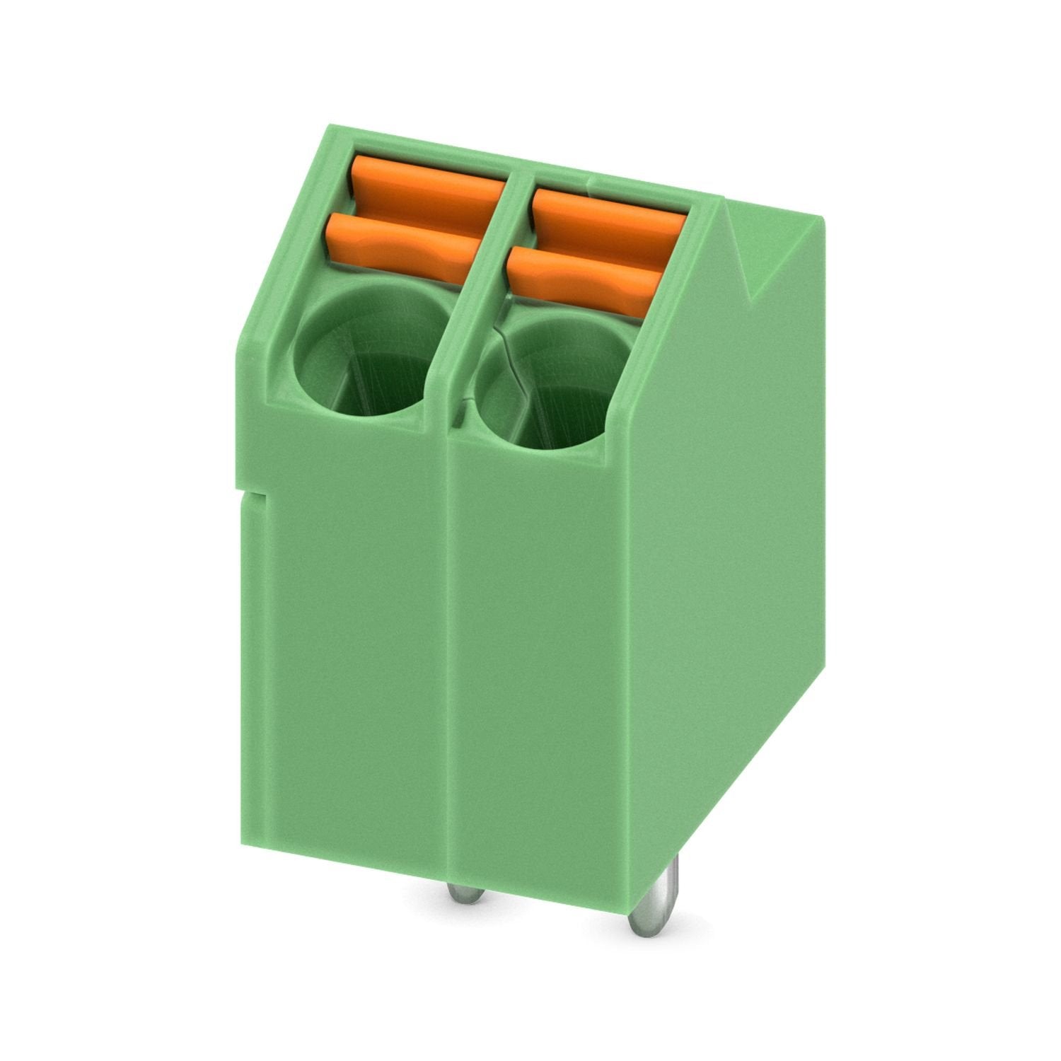 Printed circuit board terminal, nominal current: 9 A, rated voltage (III/2): 200 V, nominal cross section: 1 mm 2 , number of potentials: 2, number of rows: 1, number of positions per row: 2, product range: SPTA 1/, pitch: 3.5 mm, connection method: Push-in spring connection, mounting: Wave soldering, conductor/PCB connection direction: 65 °, color: green, Pin layout: Linear pinning, Solder pin [P]: 3.5 mm, number of solder pins per potential: 1, type of packaging: packed in cardboard