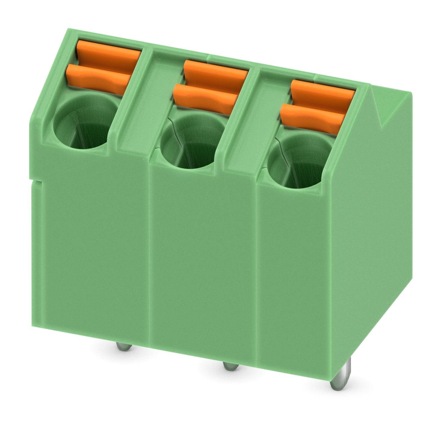Printed circuit board terminal, nominal current: 9 A, rated voltage (III/2): 320 V, nominal cross section: 1 mm 2 , number of potentials: 3, number of rows: 1, number of positions per row: 3, product range: SPTA 1/, pitch: 5 mm, connection method: Push-in spring connection, mounting: Wave soldering, conductor/PCB connection direction: 65 °, color: green, Pin layout: Linear pinning, Solder pin [P]: 3.5 mm, number of solder pins per potential: 1, type of packaging: packed in cardboard